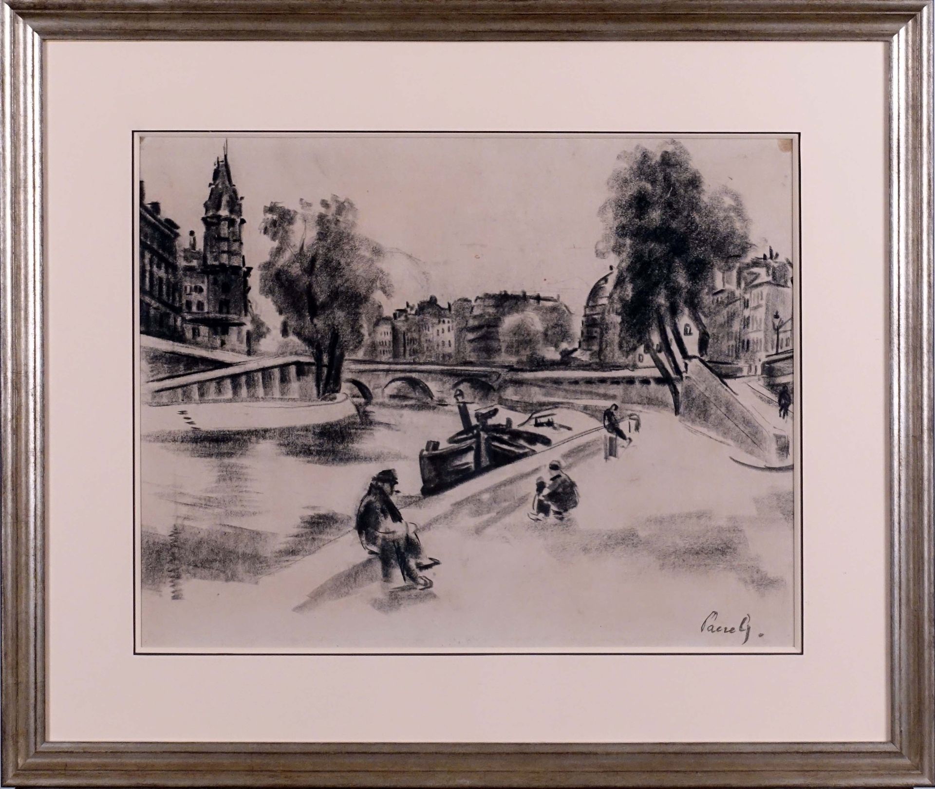 Willem Paerels (1878-1962). Animated quay in Paris. Charcoal on paper signed low&hellip;