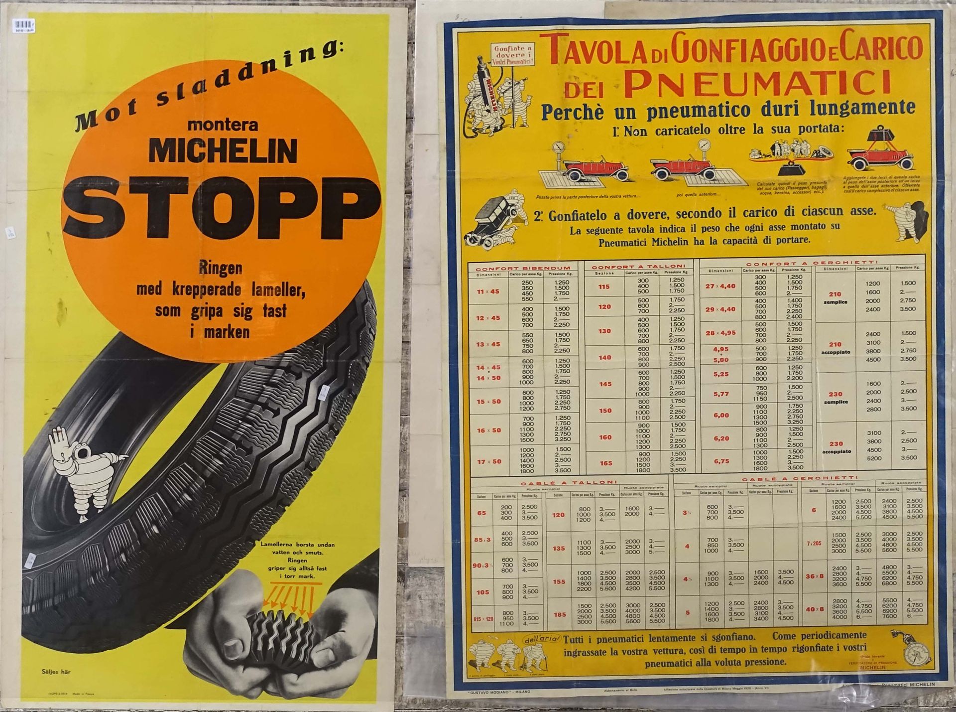 MICHELIN. 一套6张外语版的米其林海报。各种尺寸的无框和无固定的海报。状况：一般状况（弯曲和小裂缝）。