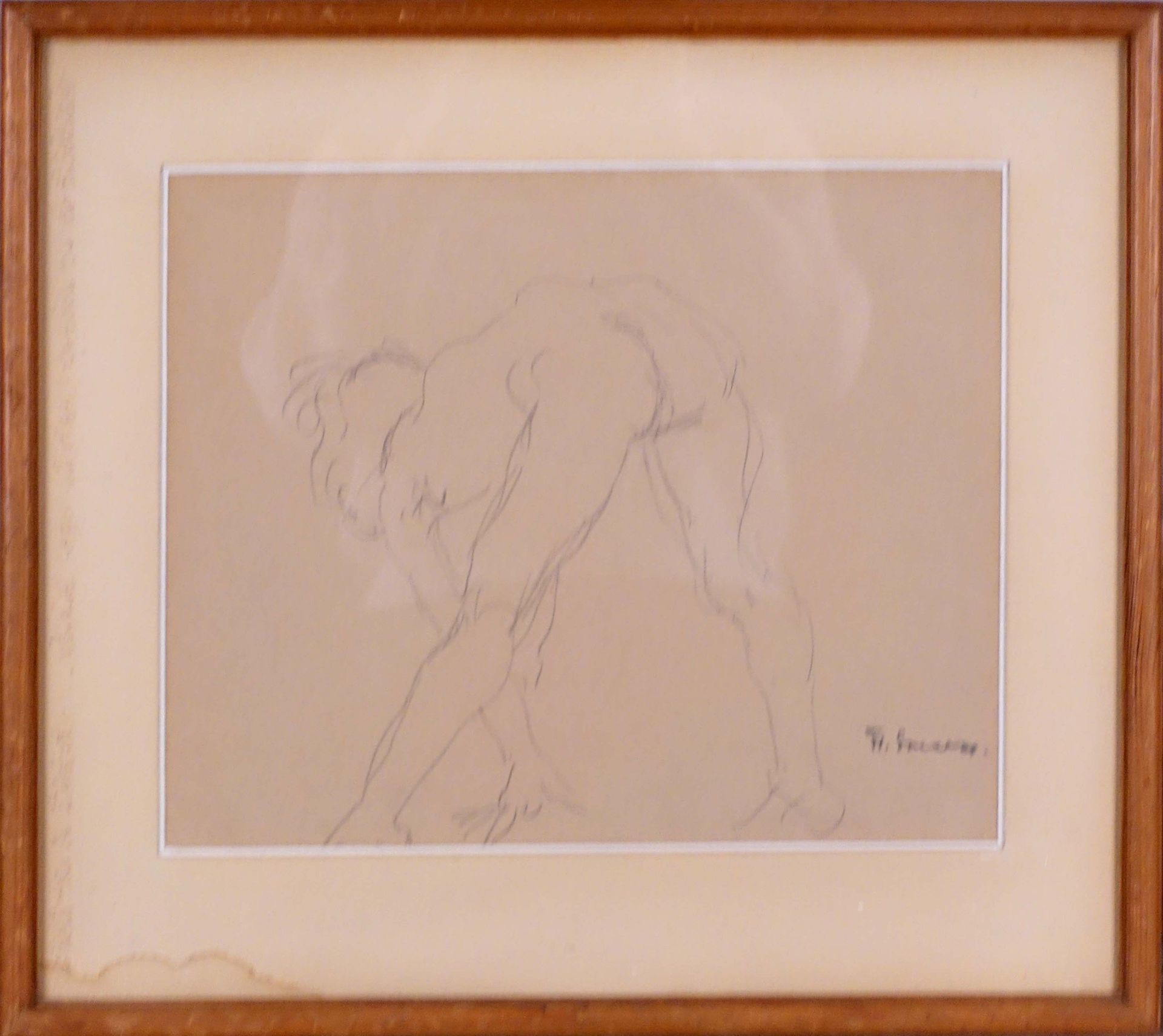 Frans Smeers (1873-1960). Crouching Nude. Drawing signed in bottom on the right.&hellip;