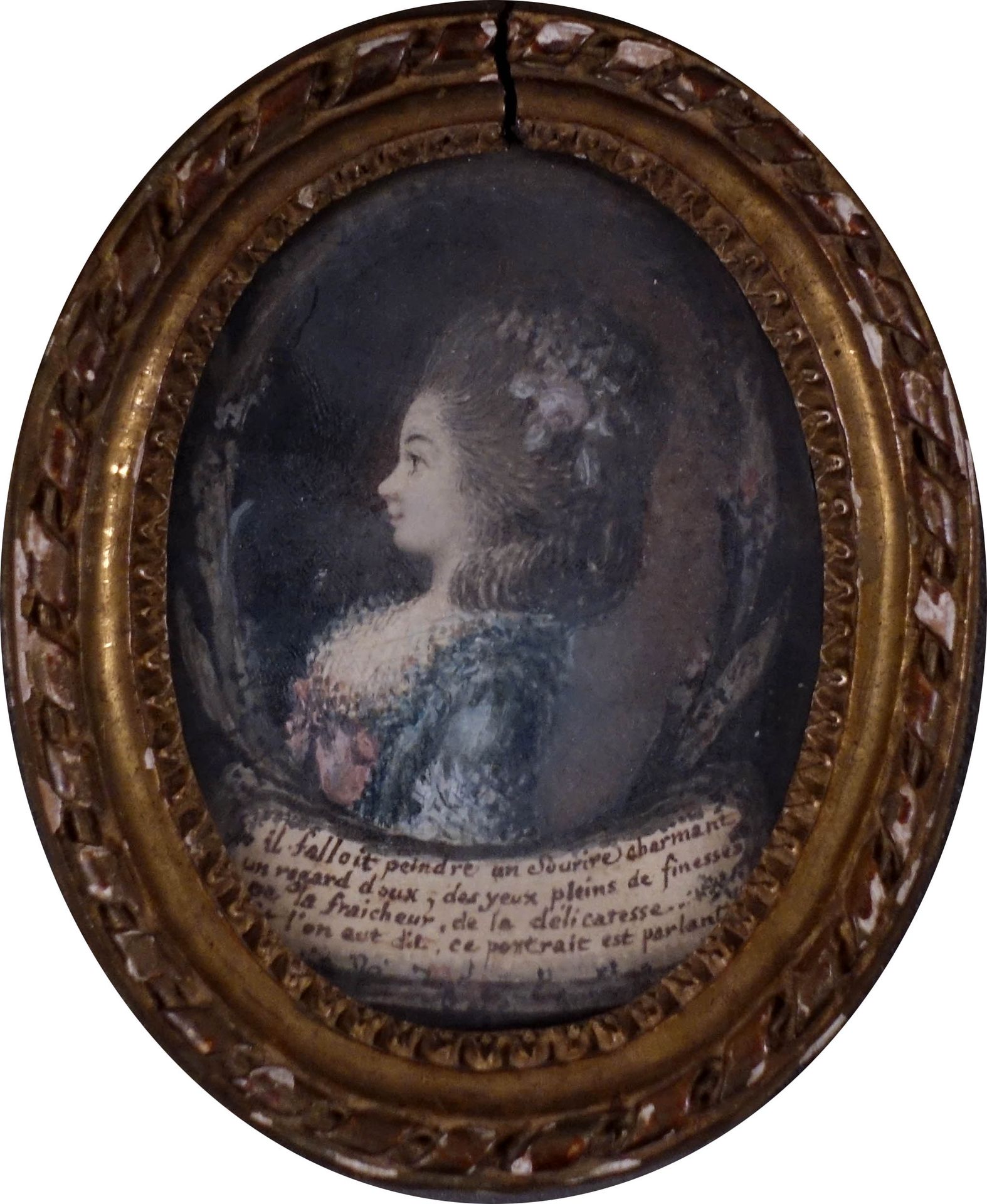 Ecole Française. XVIIIe siècle. 一位女士的画像。水粉画的微型画。尺寸：9.5 x 7厘米。