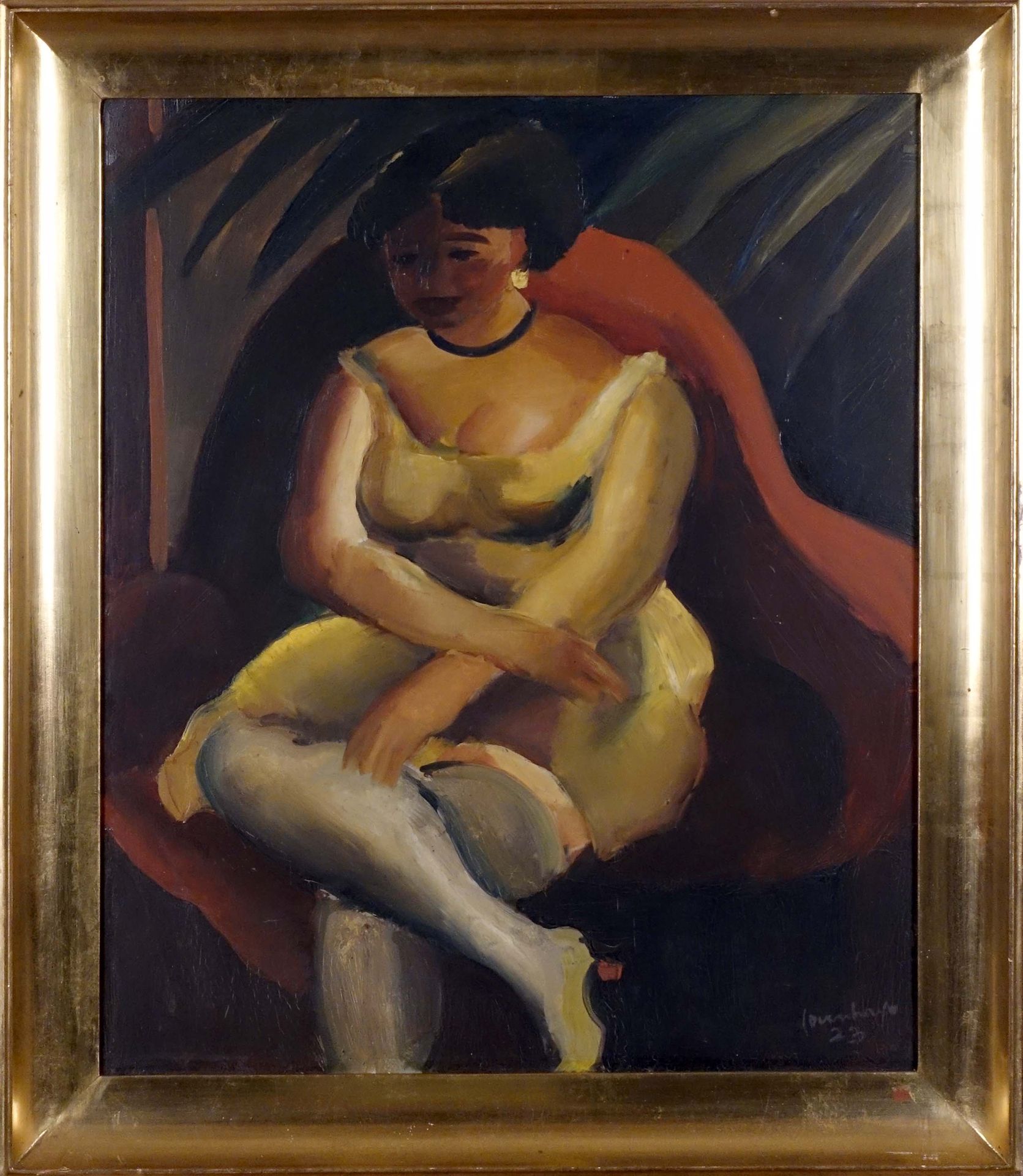 Charles Counhaye (1884-1971). 坐着的女人（日期为1923年）。面板油画。右下方有签名。尺寸：60 x 50厘米。