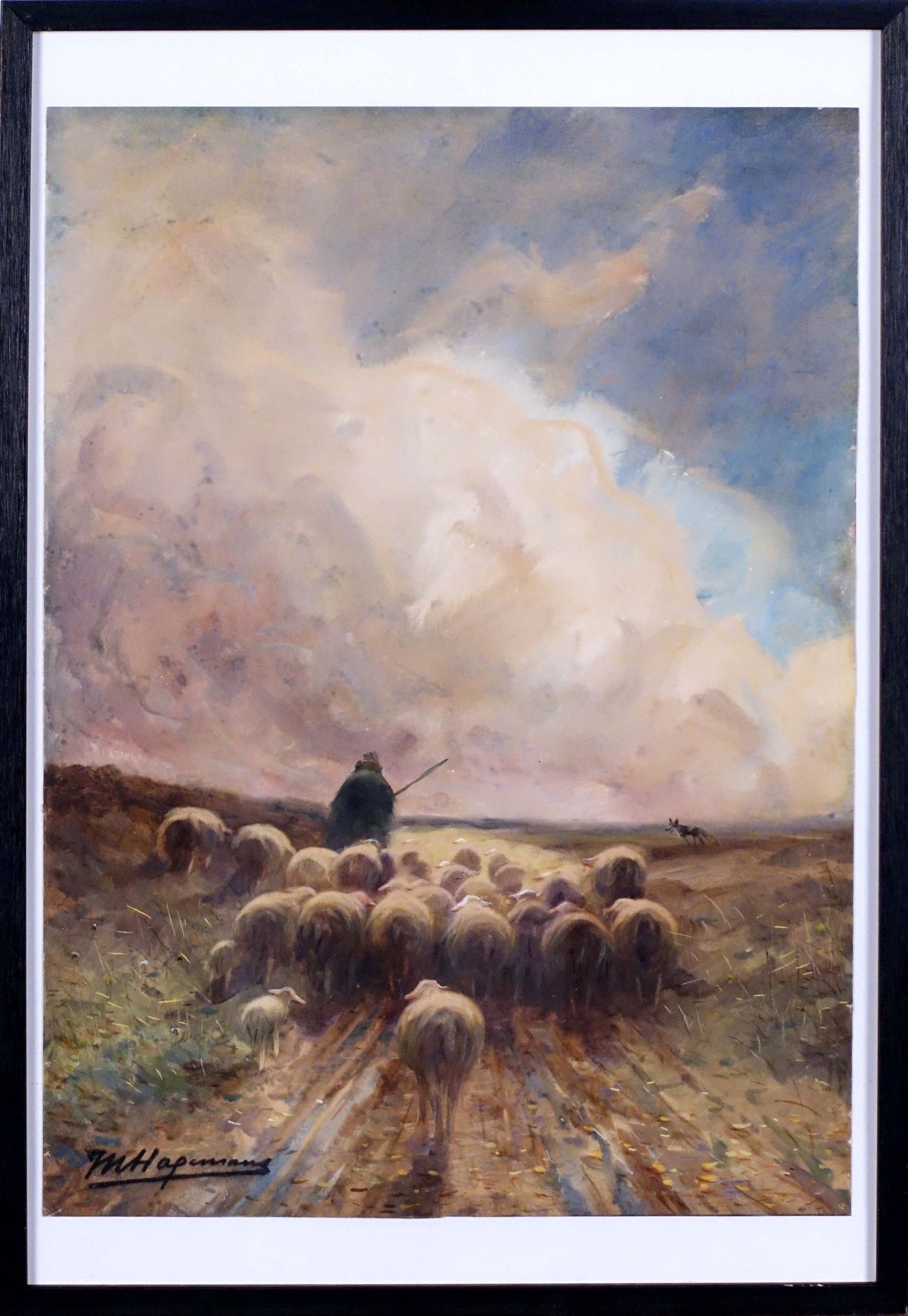 Maurice Hagemans (1852-1917). The return of the sheep. Mixed media. Signature lo&hellip;