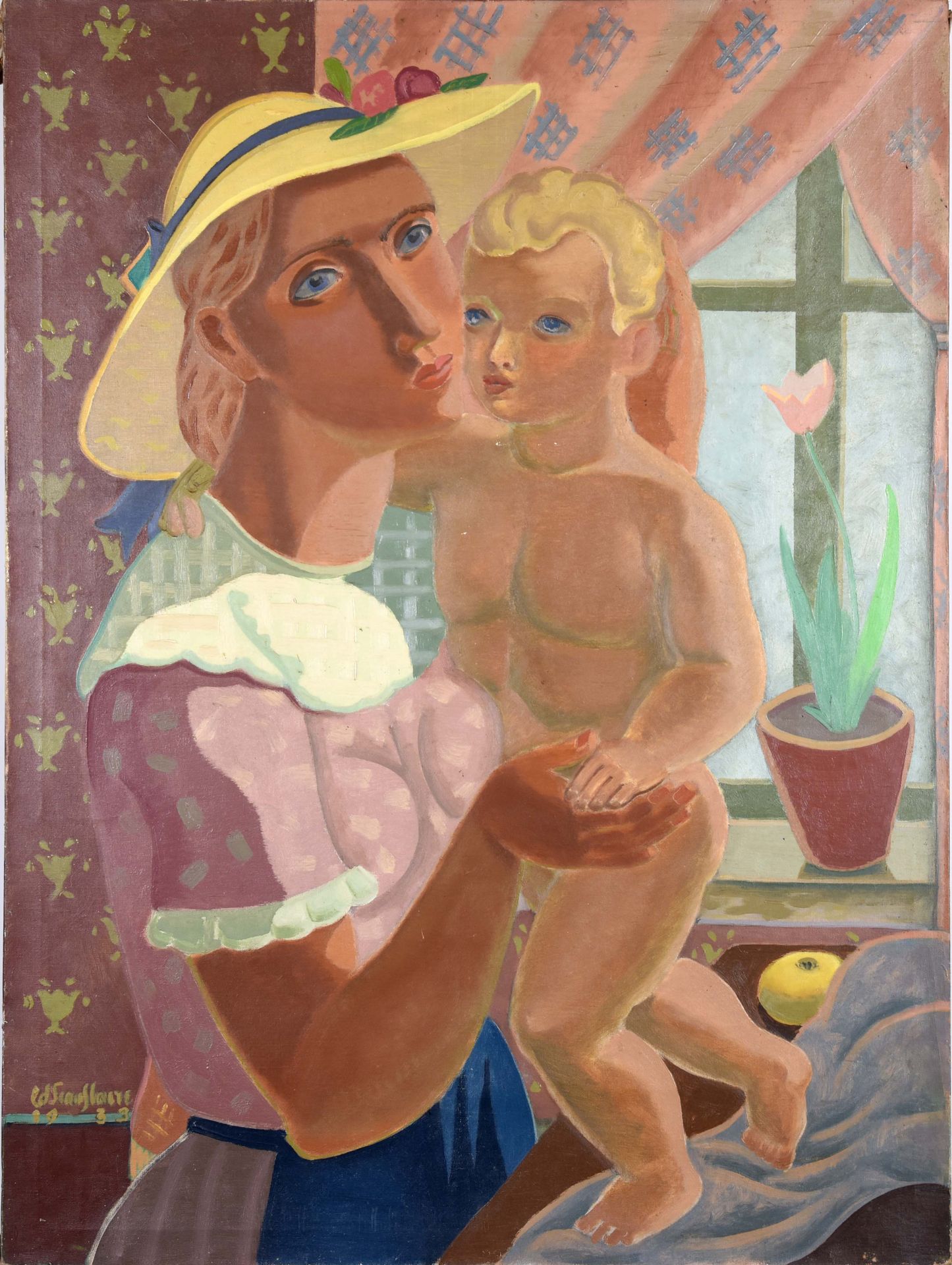 Edgard Scauflaire (1893-1960). Mère et enfant dans un intérieur, daté 1939. Huil&hellip;