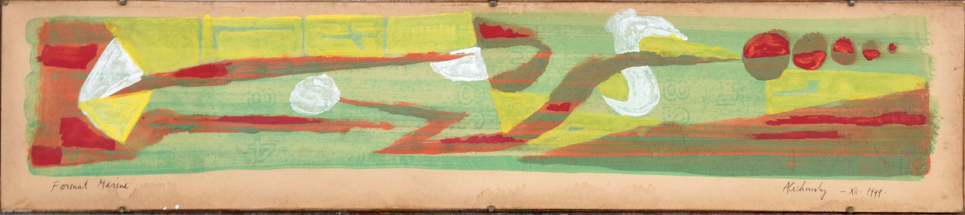 Pierre Alechinsky (1927). 海洋格式，1949 年。纸上水粉画，右下方有签名。尺寸：14 x 65 厘米