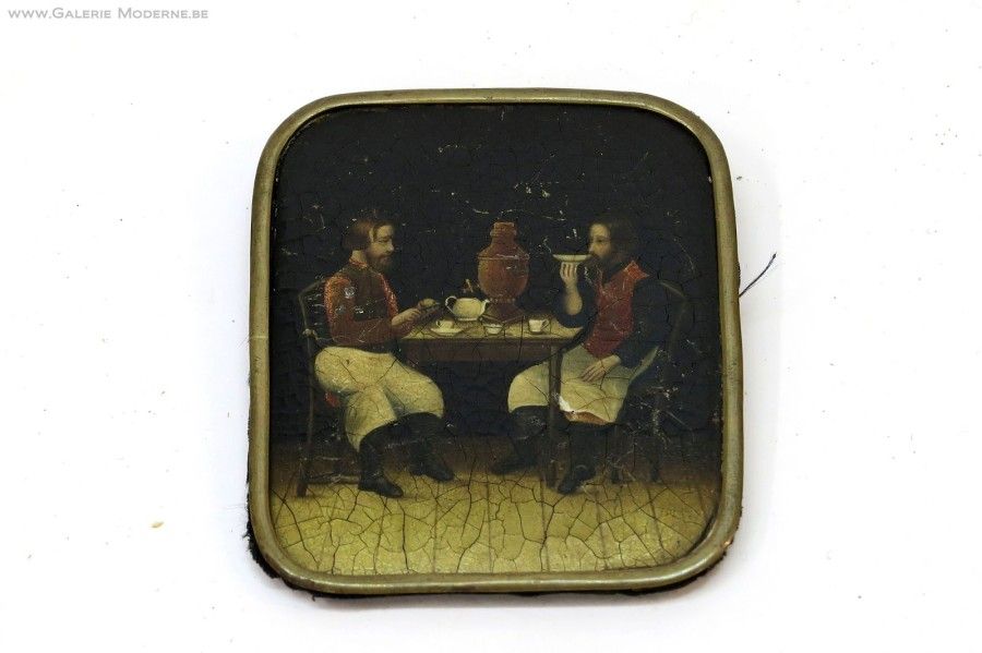 École RUSSE du XIXe siècle Deux Hommes attablés autour d'un Samovar.
Miniature à&hellip;