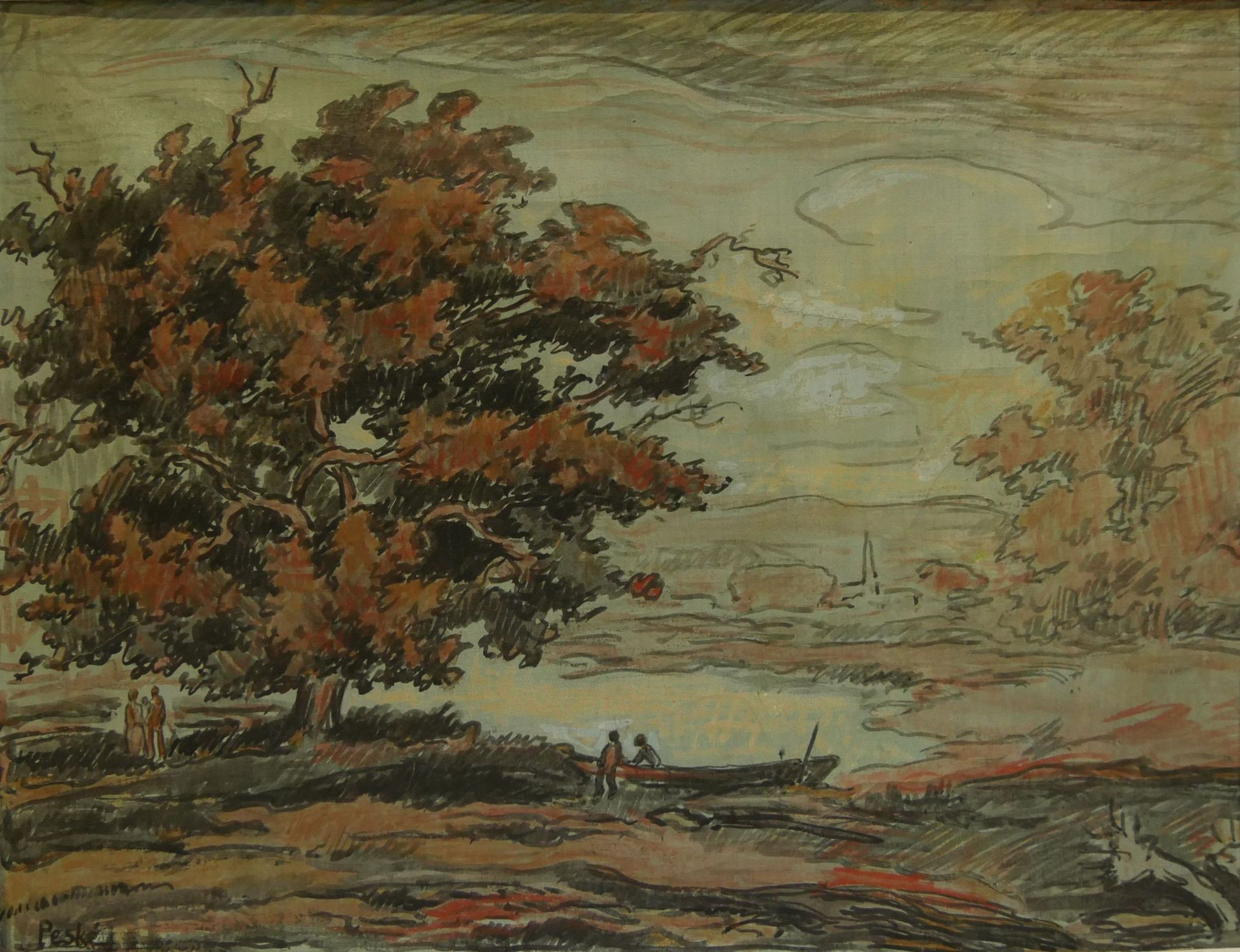 Null Jean PESKÉ (1870-1949) - Bord de l'étang à l'automne - Huile sur toile maro&hellip;