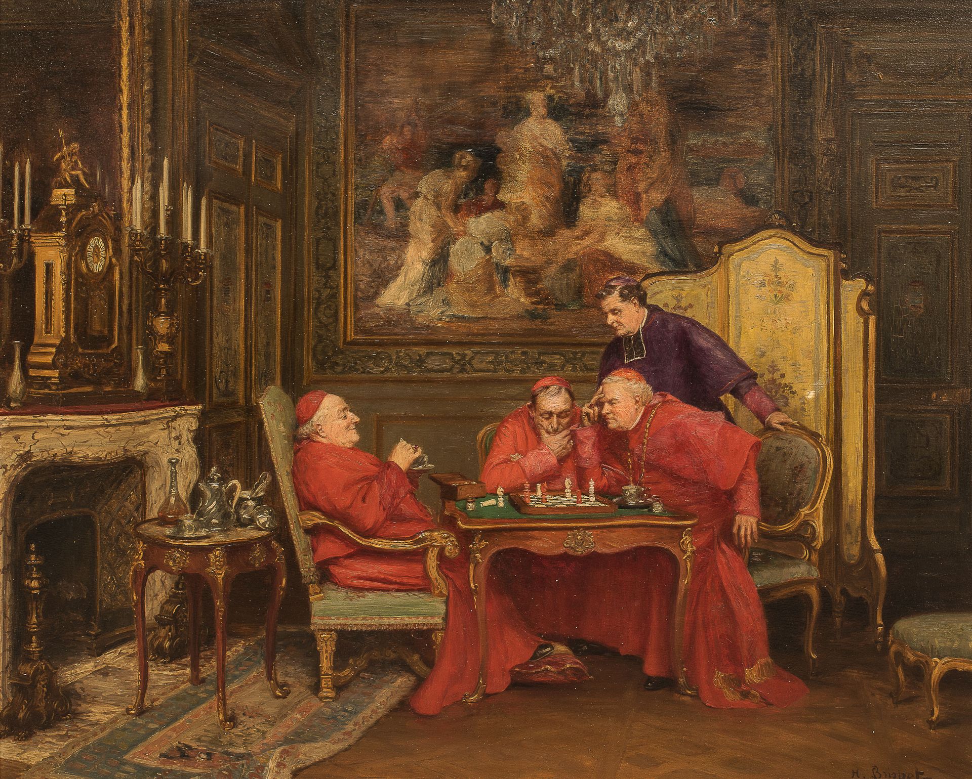 Null Henri BRISPOT (1846-1928) - La partie d'échec - Huile sur toile signée en b&hellip;