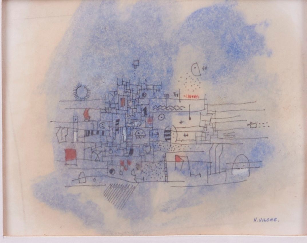 Null Hector VILCHE (Né en 1942). Composition bleue. Aquarelle et encre sur calqu&hellip;