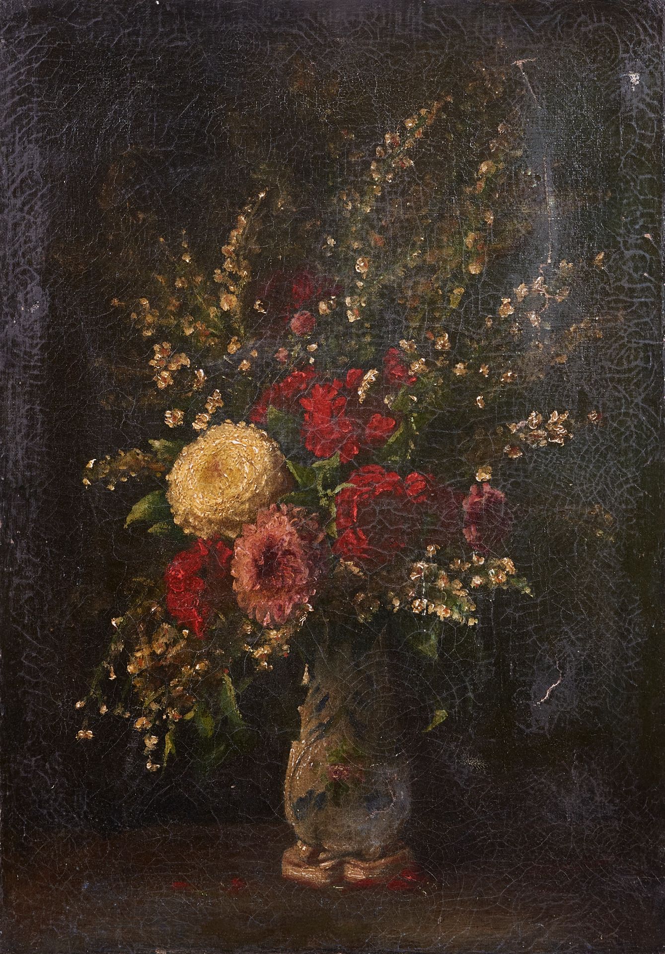 Null Ecole Flamande XIXème siècle. Bouquet de dahlias. Huile sur toile. 58 x 41 &hellip;