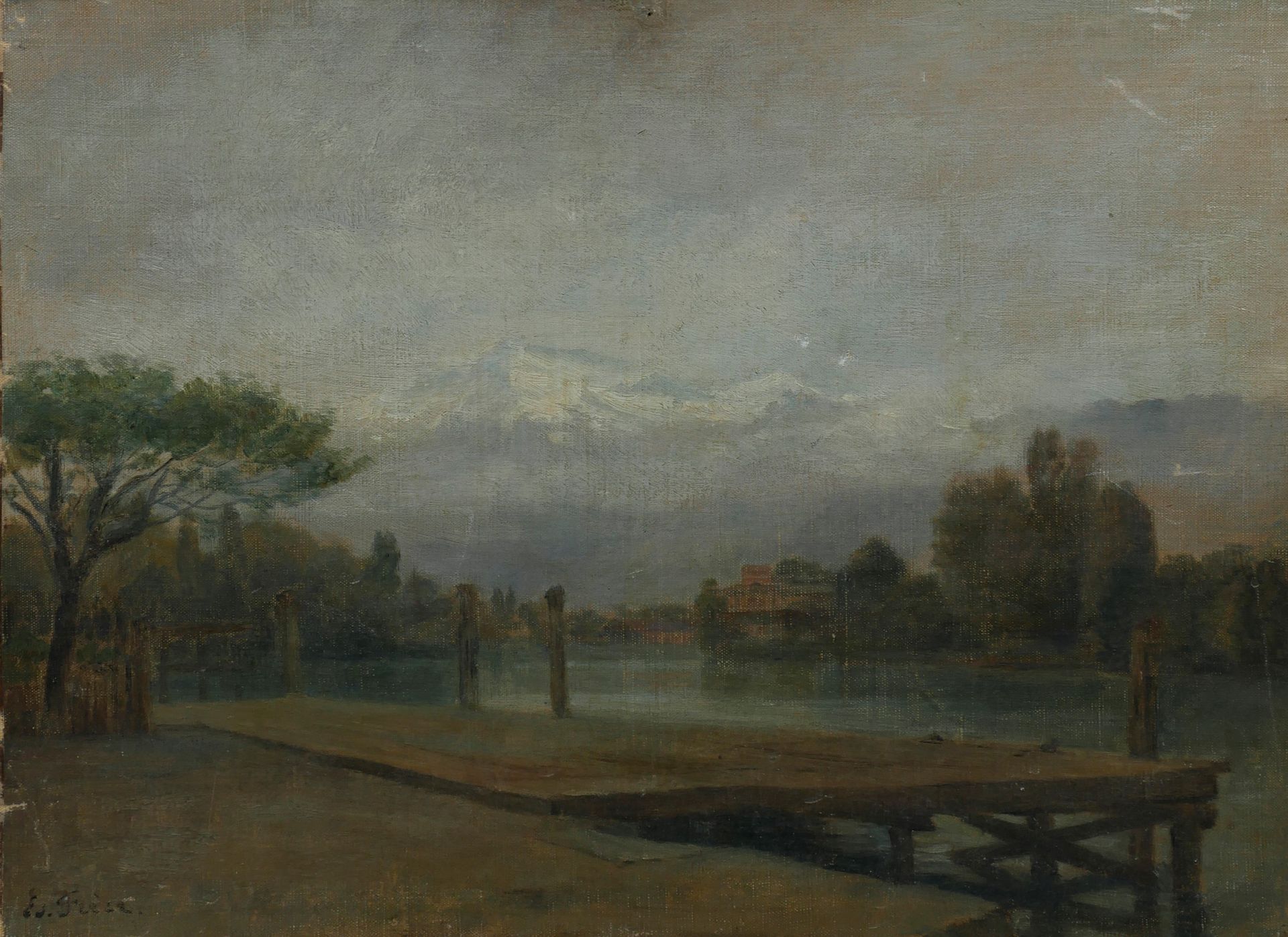 Null Edouard FRERE (1819-1886). Ponton au bord d'un lac. Huile sur toile. Signée&hellip;