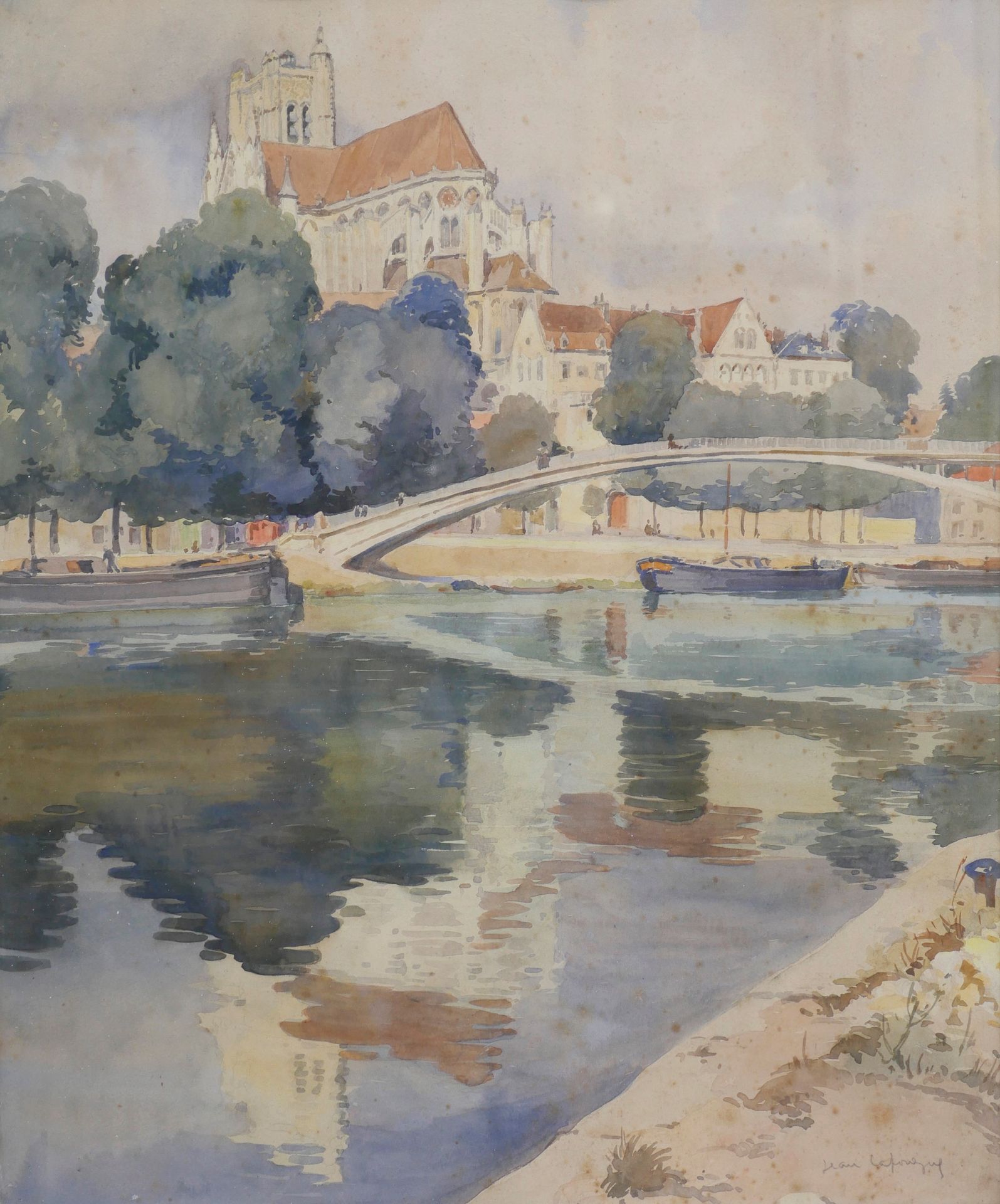 Null 让-拉弗格（1901-1975）。在水边的大教堂。右下角有签名的水彩画，54x45cm