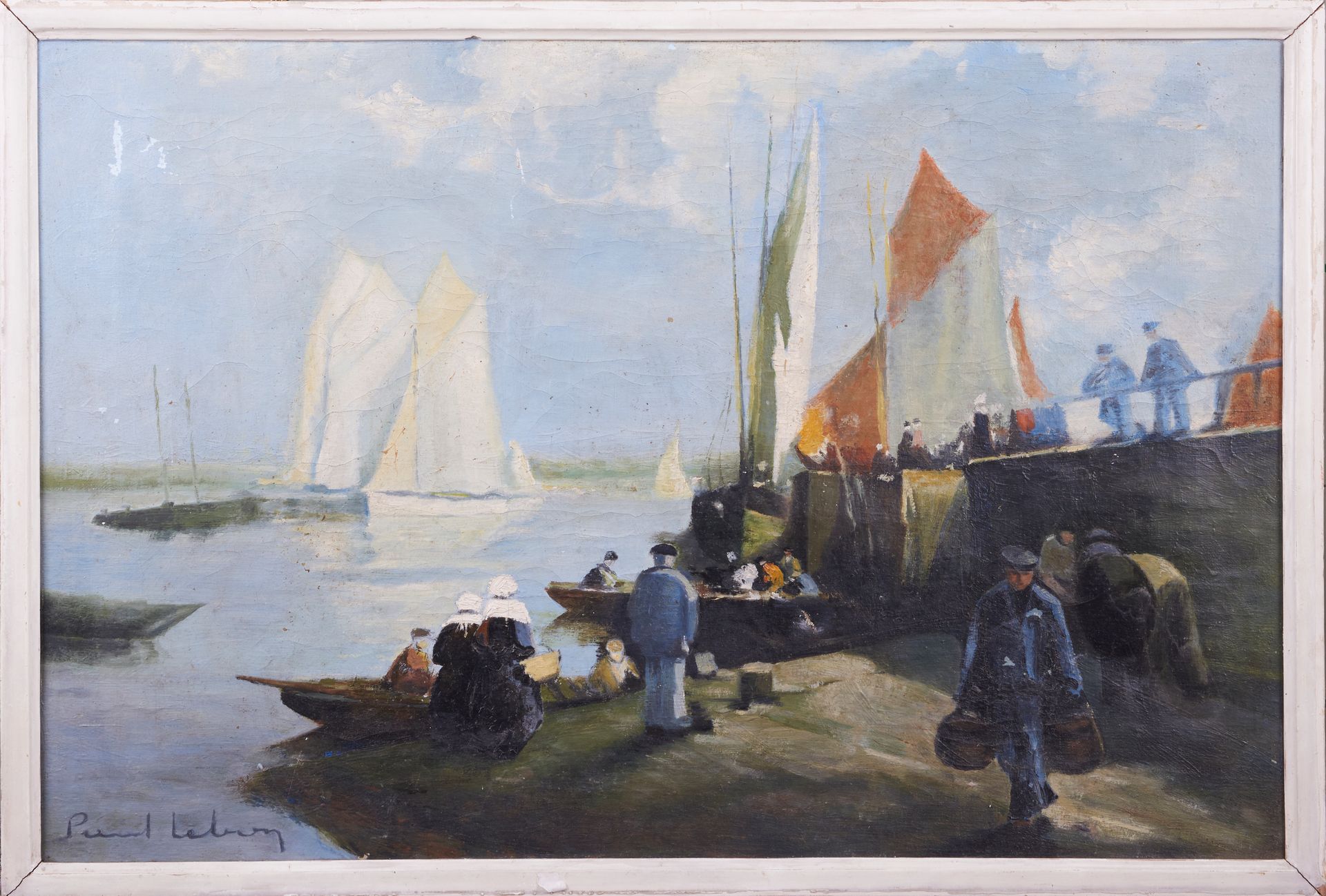 Null Paul LEBRUN (XXè). Bateaux à quai. Huile sur toile. Signée en bas à gauche.&hellip;