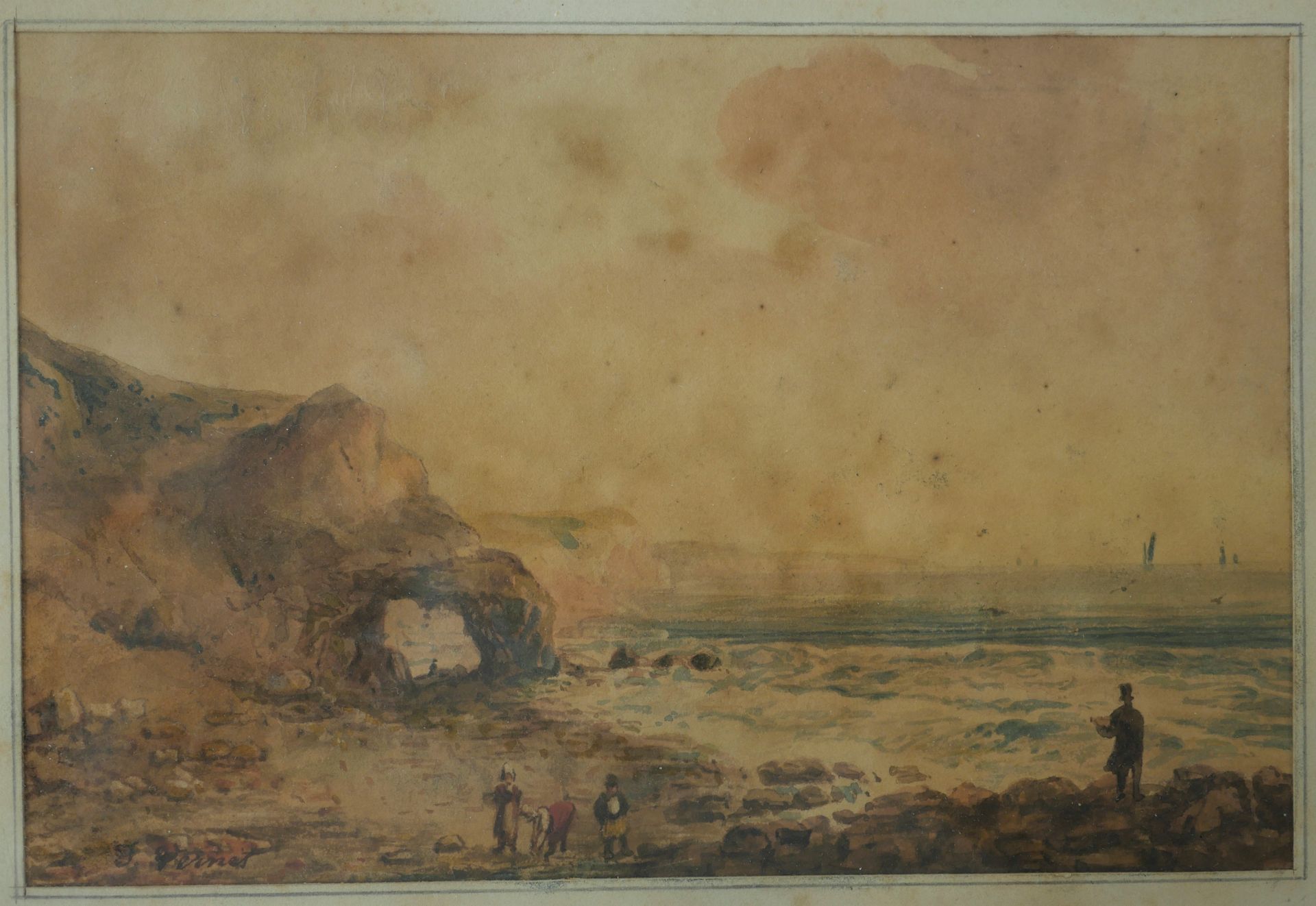 Null 
J.Vernet（19th Century）。诺曼底的贝壳收藏家。纸上水彩画。左下角有签名 12.5 x 19 cm