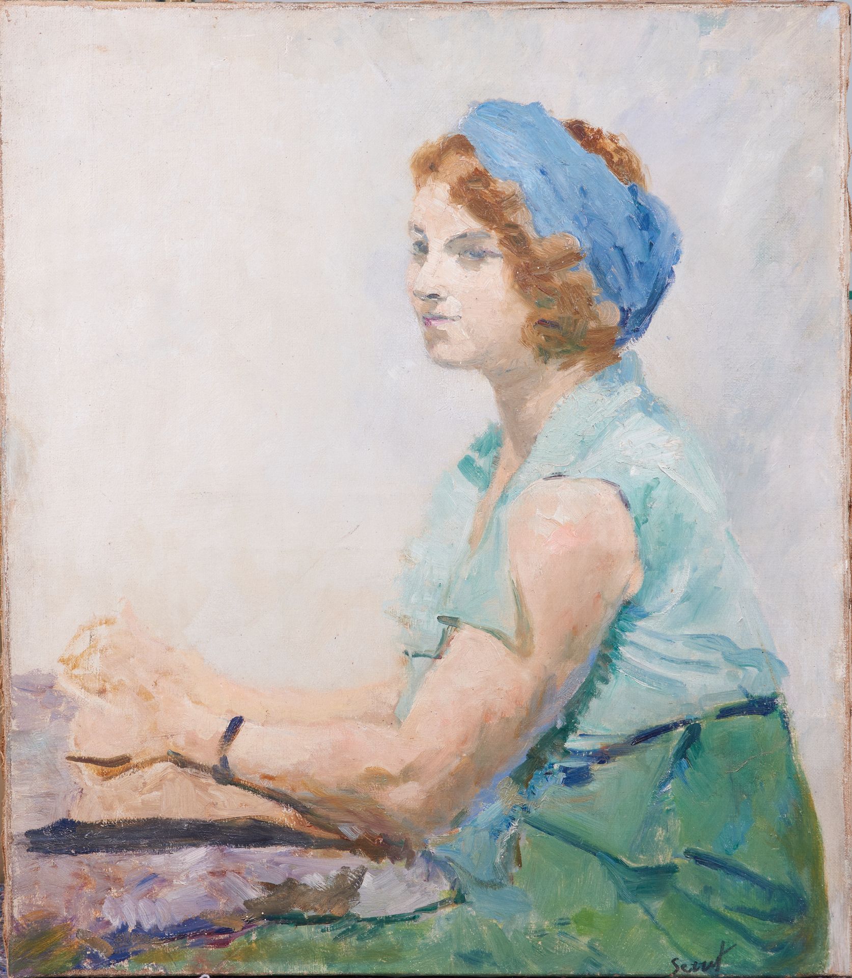 Null SERUT。二十世纪的法国学校。戴蓝色头巾的女人。布面油画。右下角有签名，57 x 50 cm