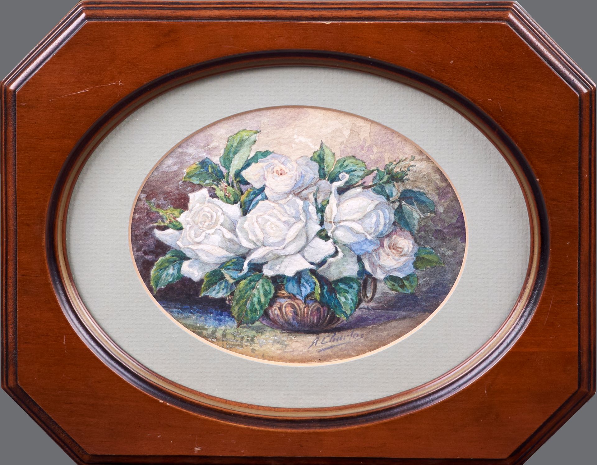 Null A.CHARIOT.白玫瑰的静物。水彩画。有签名和日期的1922年