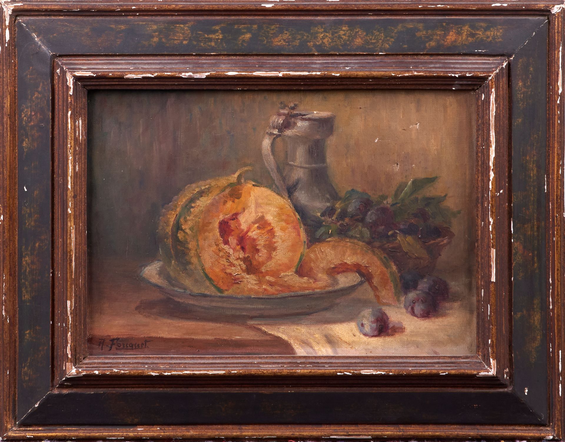 Null A. FOUQUET. Still life with pitcher, melon and plums. Oil on canvas. Signed&hellip;