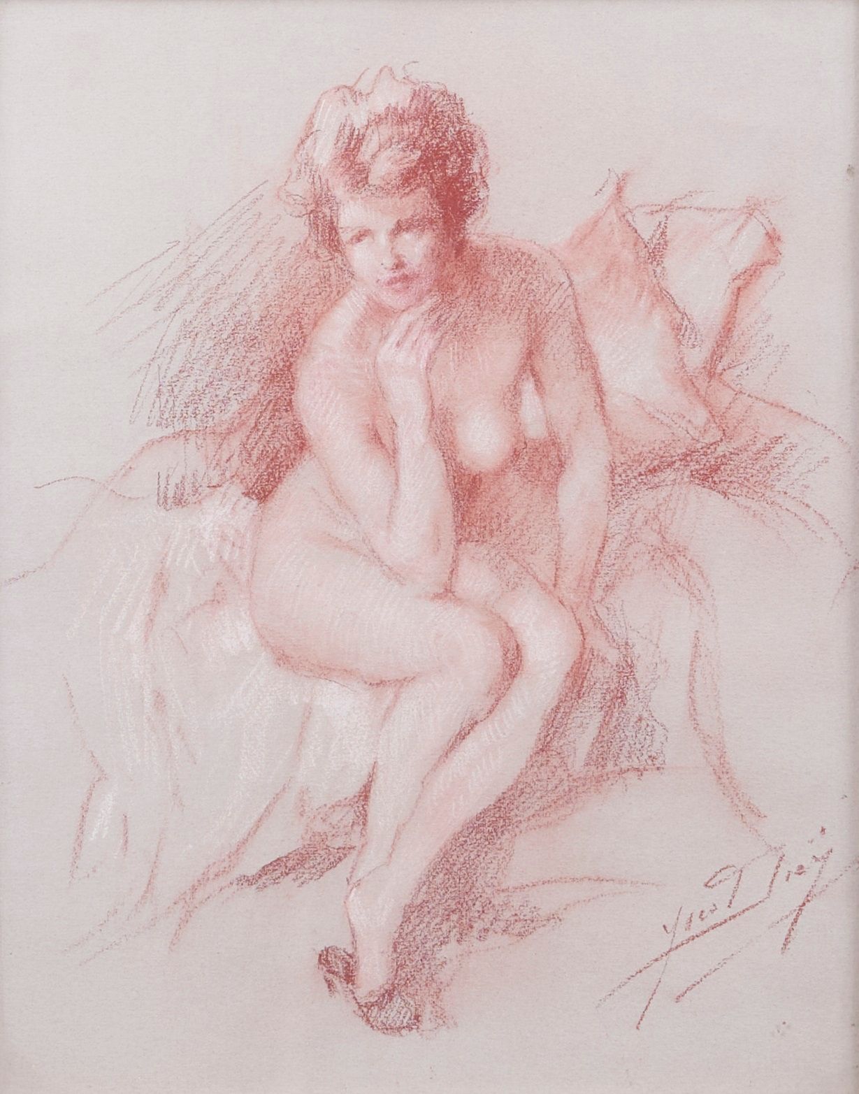 Null Yves DIEY (1892 - 1984). Desnudos sentados. Sanguina. Firmado abajo a la de&hellip;
