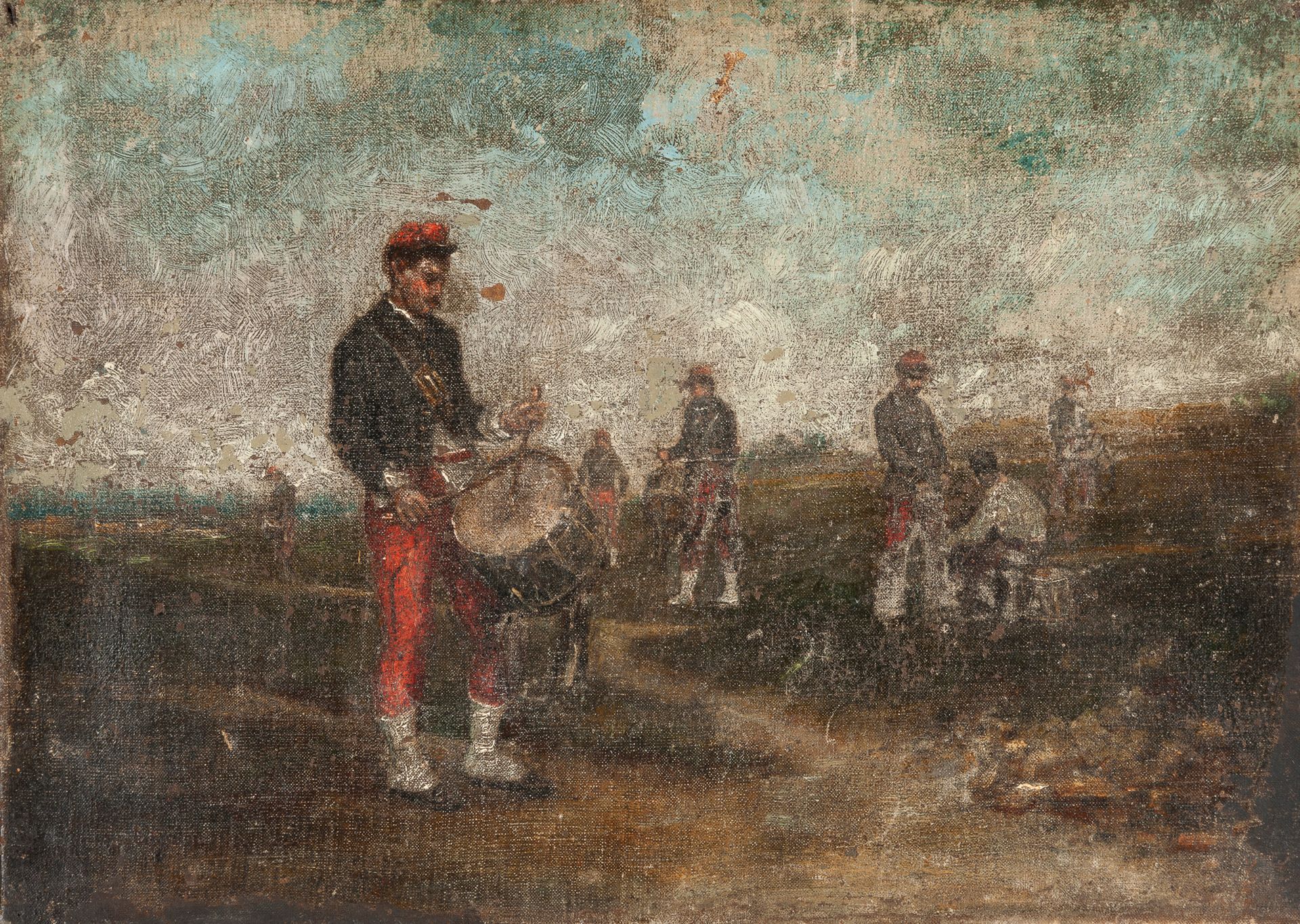 Null 19世纪的学校。打鼓的步兵，约1870年。布面油画，20 x 29厘米。(背面有三块，缺漆和修复)

附设一所德国或瑞士学校。在村子脚下的人物。铜上油&hellip;
