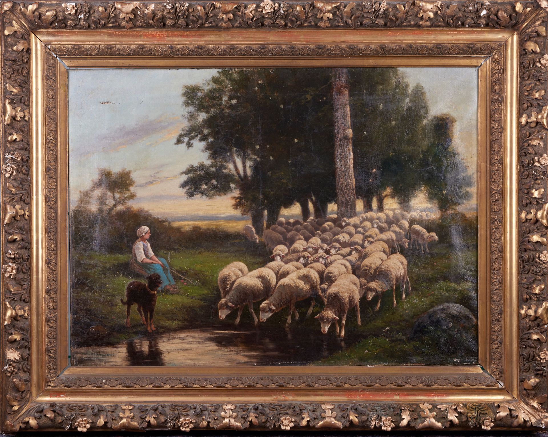 Null 二十世纪的学校。年轻女子和她的羊群。布面油画。右下角的签名为Rosa Bonheur。(背面有4块，撕裂和修复)