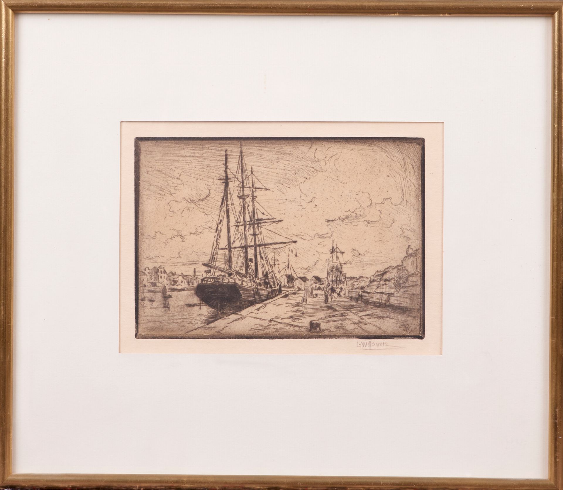 Null Louis WILLAUME (1874 - 1949). Segelboot am Kai. Zeichnung. Signiert unten r&hellip;