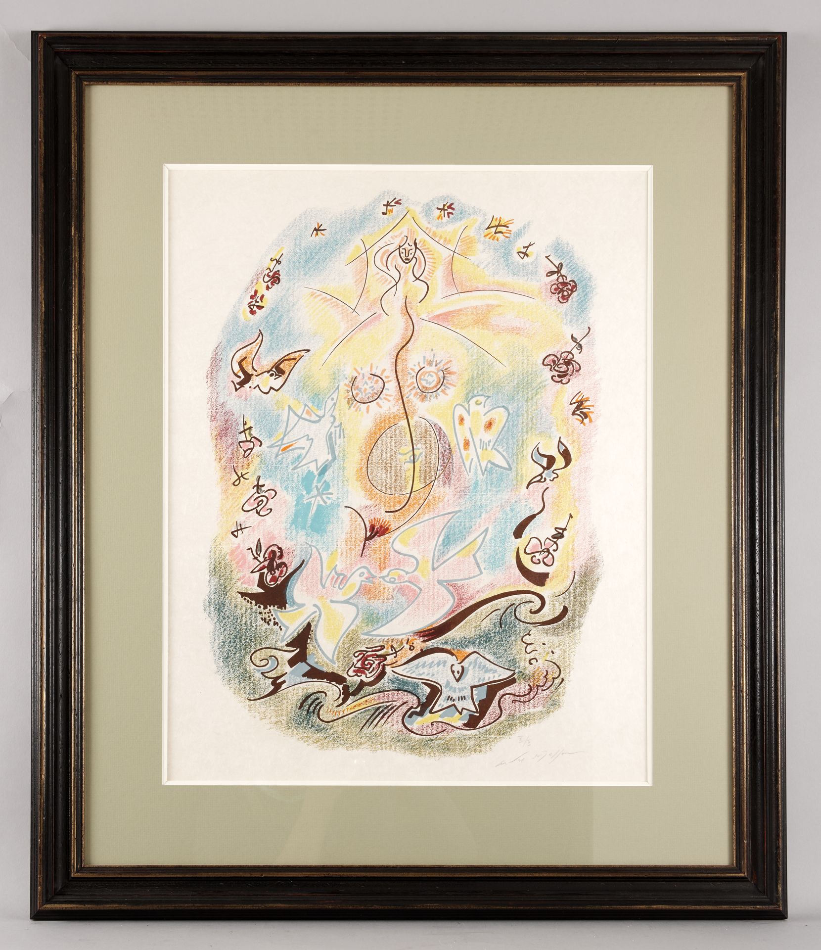 Null 安德烈-马松（1896-1987）。鸽子和女人的威严。以彩色铅笔的方式进行水印。有签名和编号的8/8. 60 x 47 cm (正在展出)