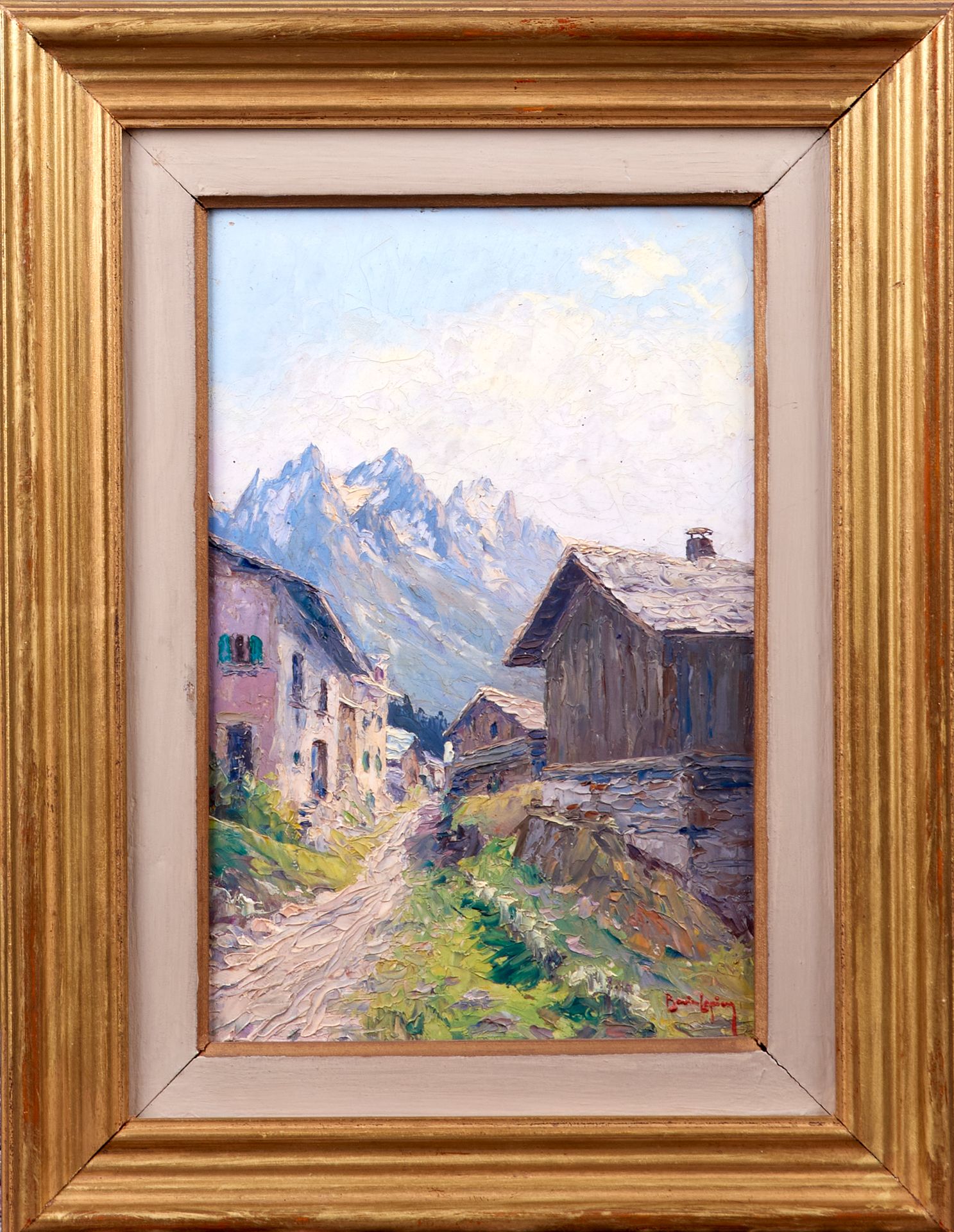 Null 艾蒂安-博韦尔-拉皮埃尔（1908 - 1987）。勃朗峰的景观。板上油彩。24,5 x 16 cm