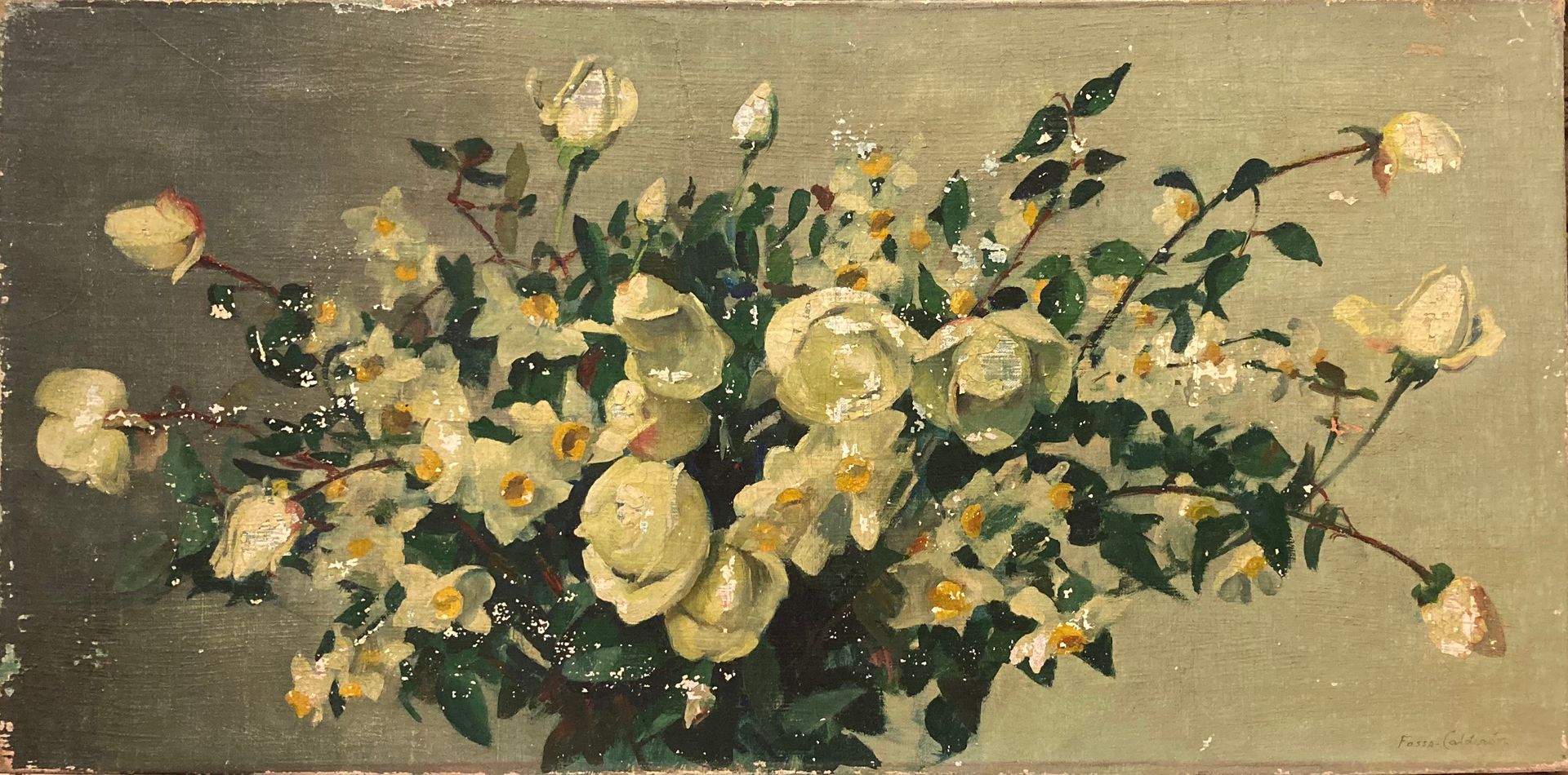 Null 胡里奥-爱德华多-福萨-卡尔德隆（1874-1940）。玫瑰花束和水仙花束。布面油画，右下角有签名。48 x 100厘米。重要缺口和缺失部分。