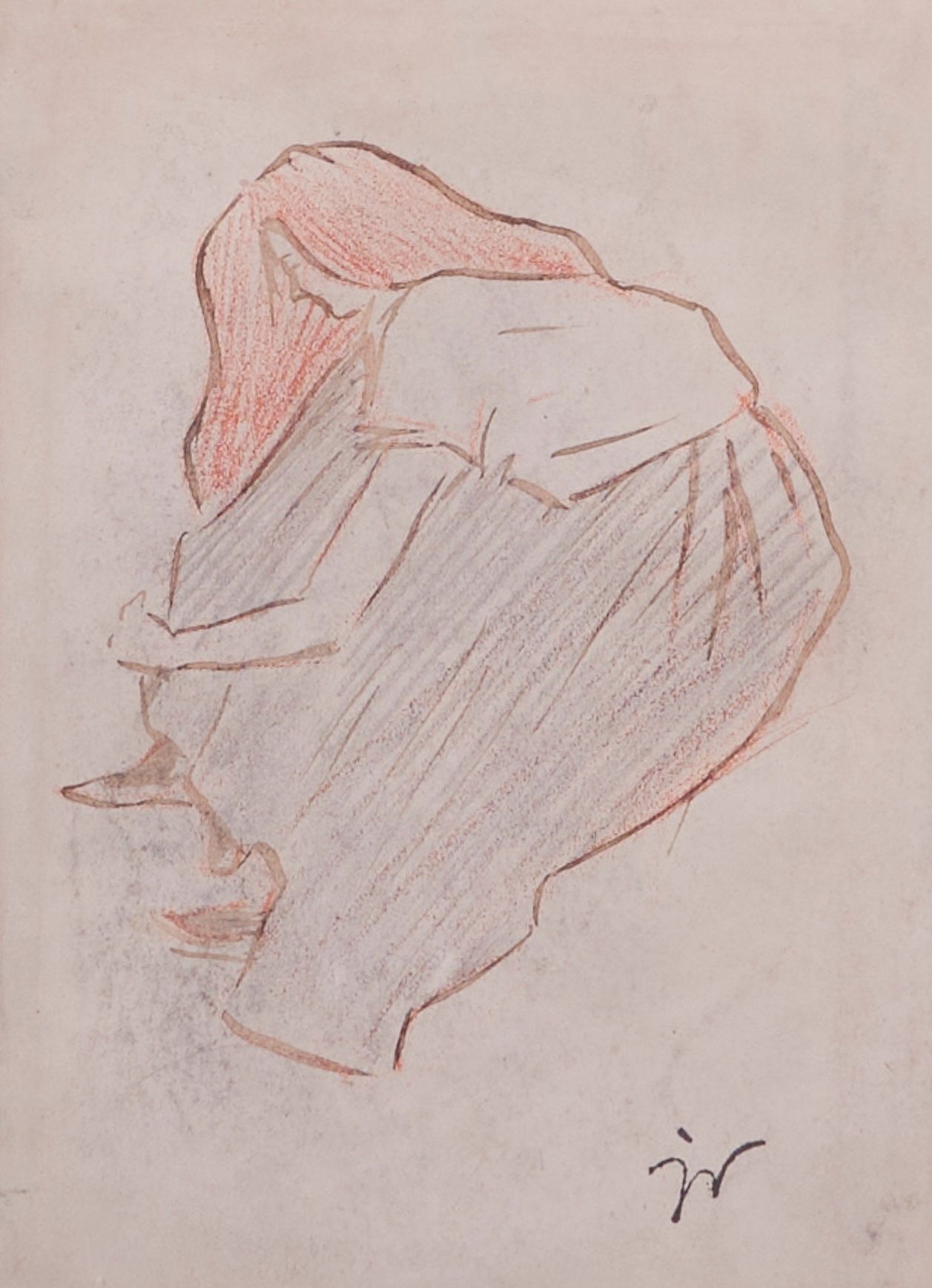 Null 雅克-维隆（1875-1963）。年轻的红发女孩靠在一起。毛笔、褐色墨水和彩色铅笔。右下角有一个首字母 "JV "的印章。16,5 x 12 cm