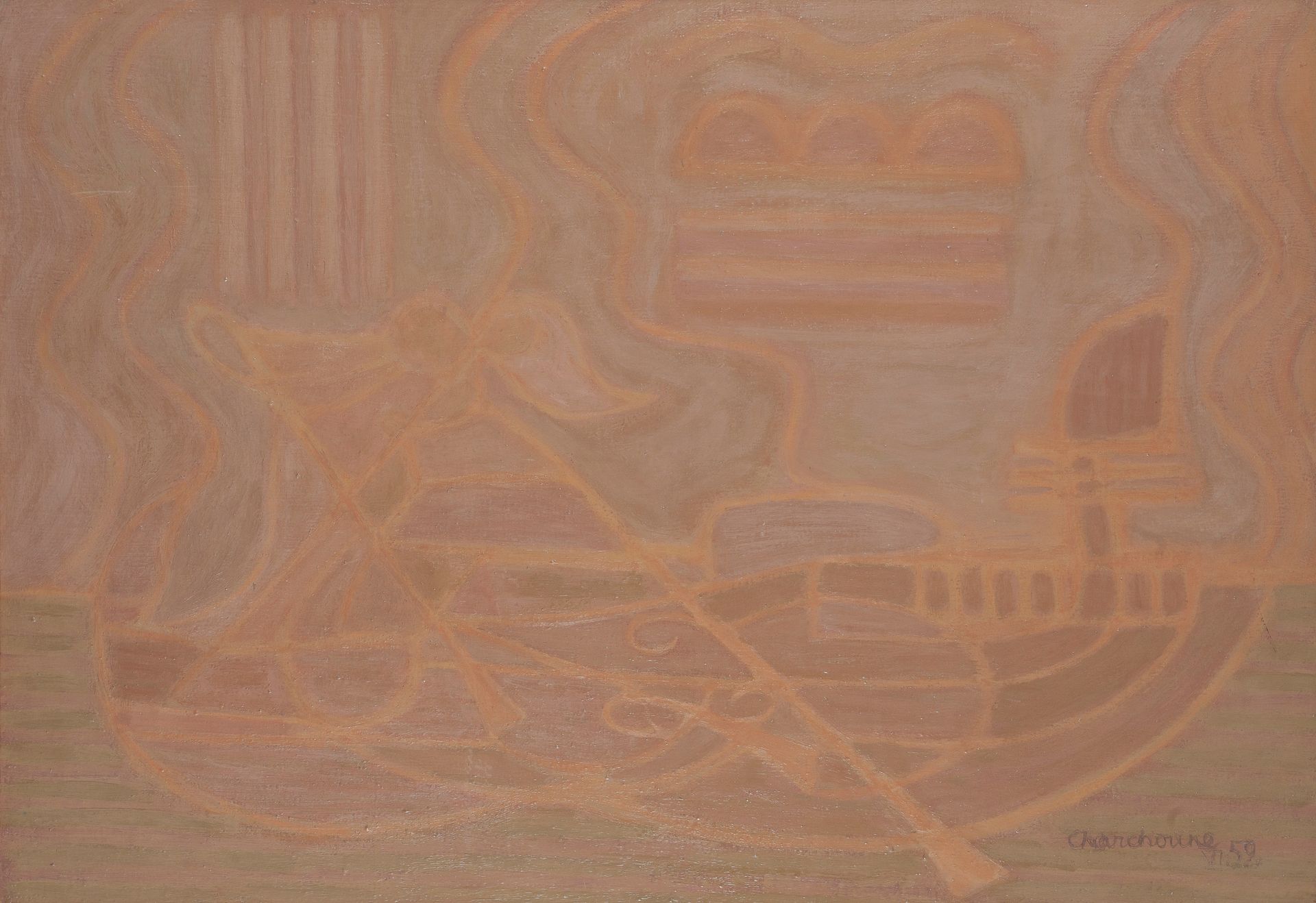 Null BAISSE DE PRIX. Serge CHARCHOUNE (1888-1975). Gondola N°6, Juin 1952. Huile&hellip;