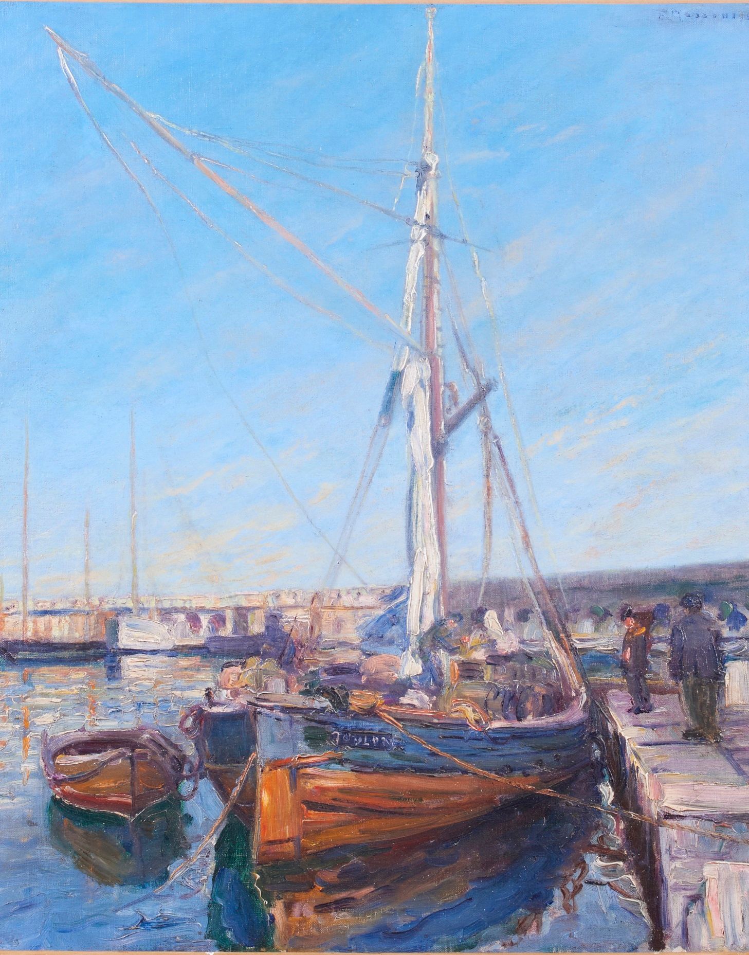 Null 归属于Egisto MASSONI（1854-1929）。港口的景色.布面油画。右上角有签名 65 x 54 cm