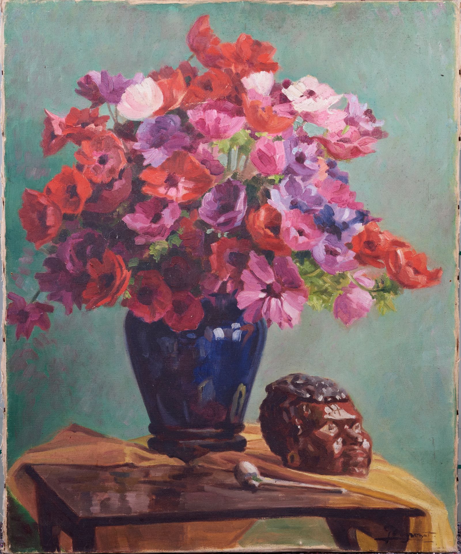 Null Jean DUGRENOT (1894 - 1969). Vase with a bunch of anemones. Oil on canvas s&hellip;