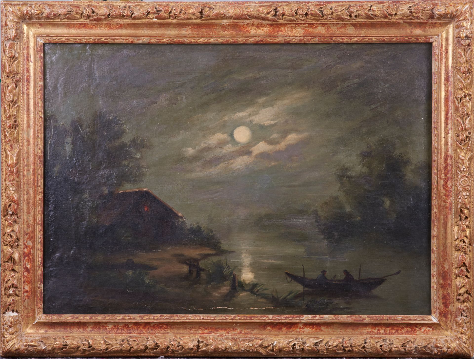 Null 十九世纪的法国学校。月光下的渔民。布面油画，42 x 59厘米