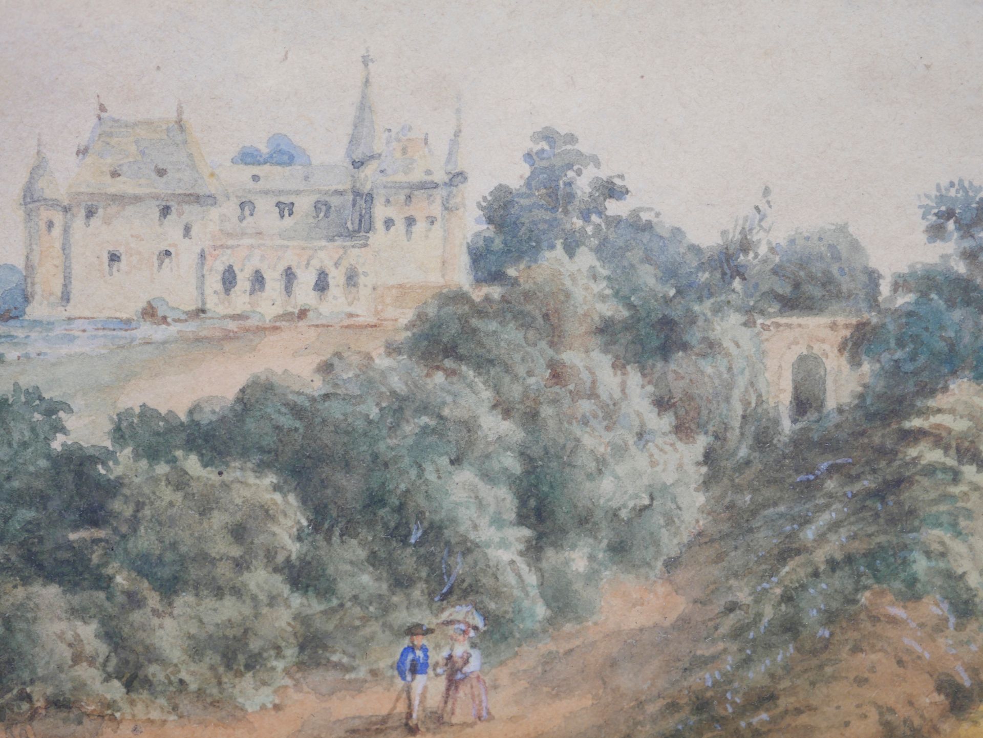 Null 十九世纪的学校。城堡里的风景。纸上水彩，有框架。 6,3 x 10 cm (展出，有框架)