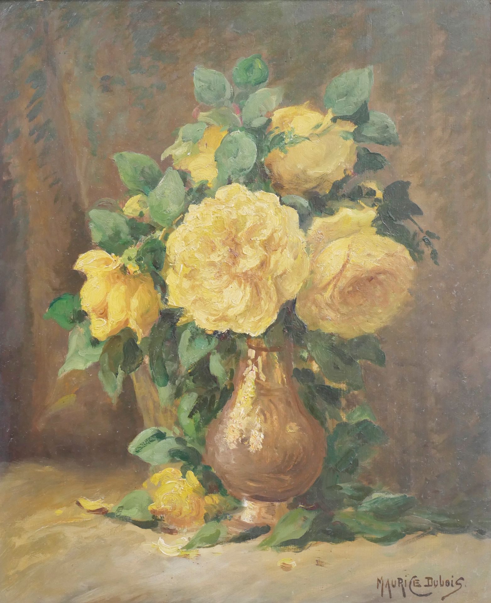 Null Maurice DUBOIS (1869-1944). Vase au bouquet de roses jaunes. Huile sur pann&hellip;