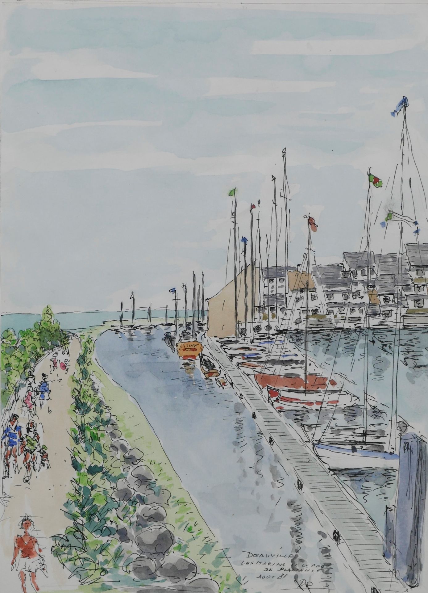 Null 法国学校20世纪。多维尔，游艇码头和码头，1981年8月。纸上水彩和墨水，有标题、日期和字样。32 x 23,2 cm。