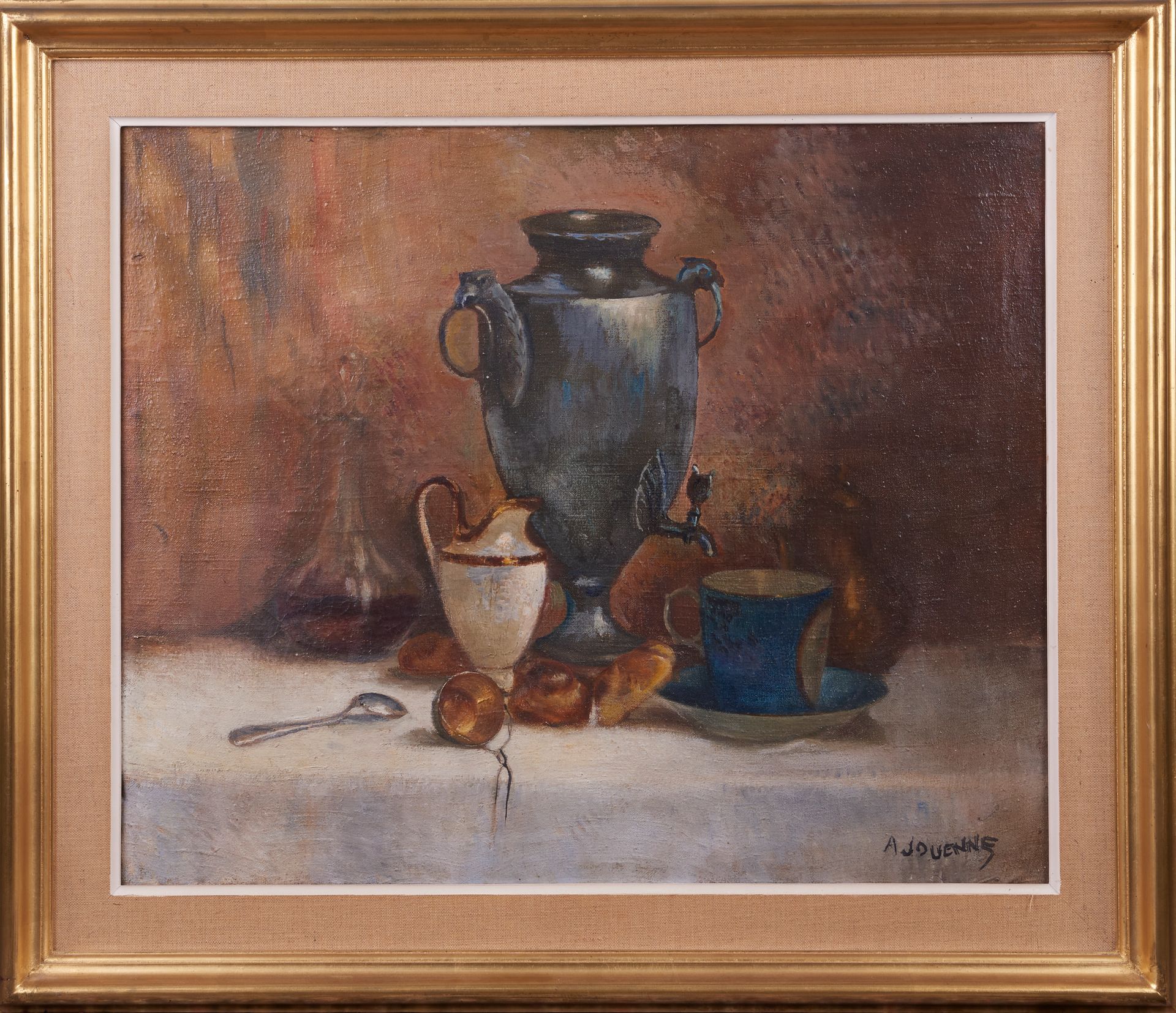 Null A. JOUENNE.有茶水喷泉、杯子和奶壶的静物。布面油画。右下方有签名。48 x 58 cm