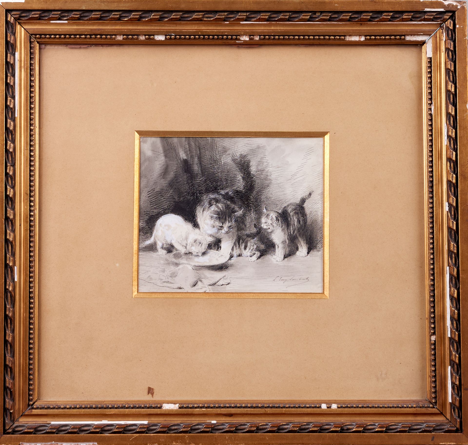 Null 欧仁-兰伯特（1825 - 1900）。猫和她的小猫。水墨画。右下角有签名，背面有日期 1883年 14 x 16,5 cm