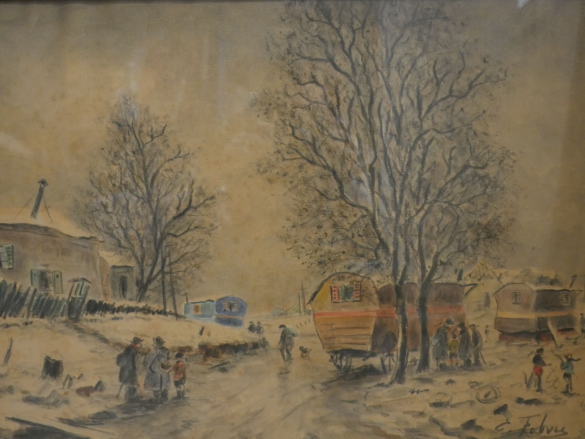 Null 爱德华-费弗尔（1885-1967）。蒙马特，雪下的马奎斯，康森纸上的水彩、木炭和粉彩，右下方有签名。目测46x61厘米