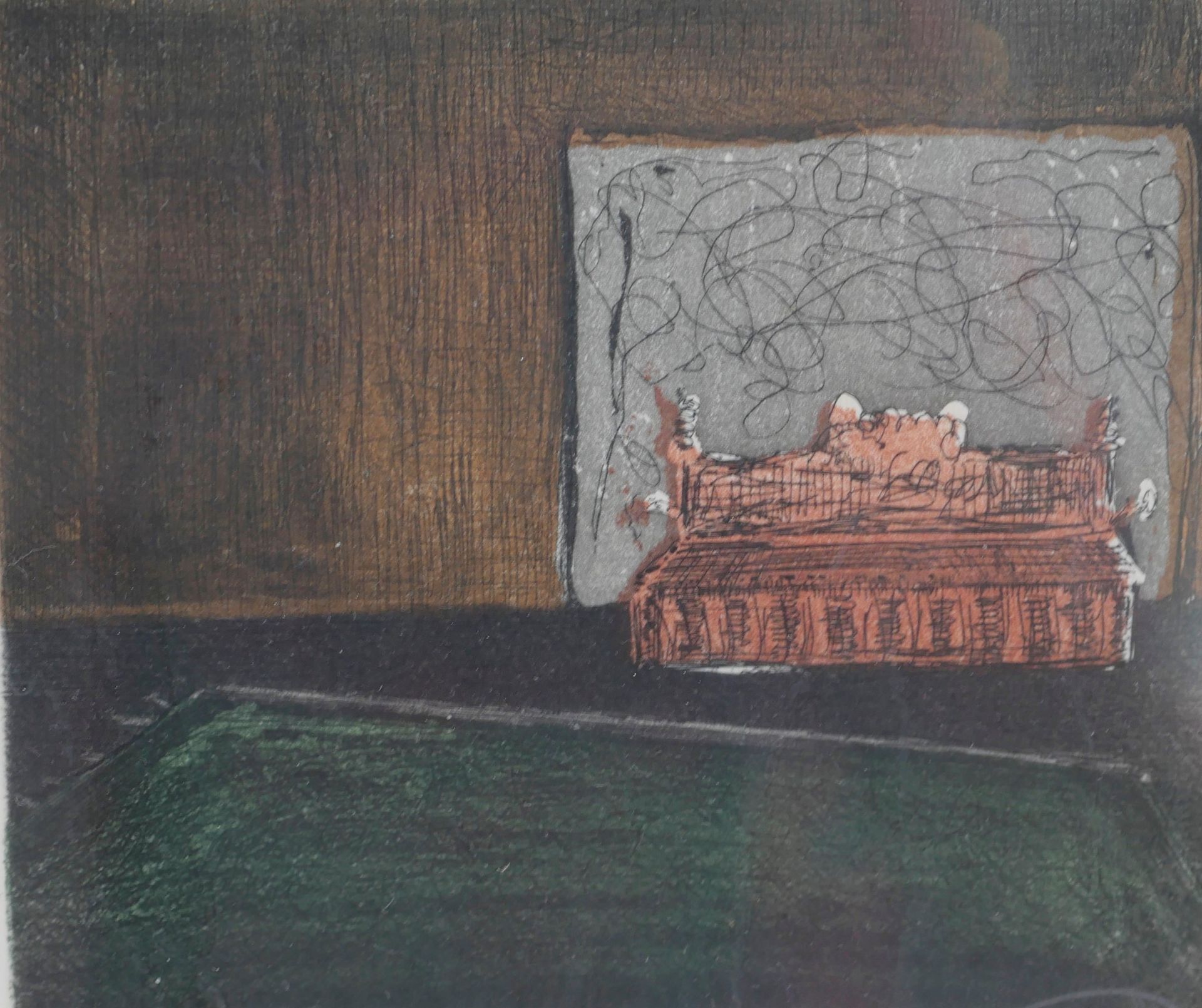 Null Escuela francesa del siglo XX. El sofá con el tapiz, 1973. Impresión en col&hellip;