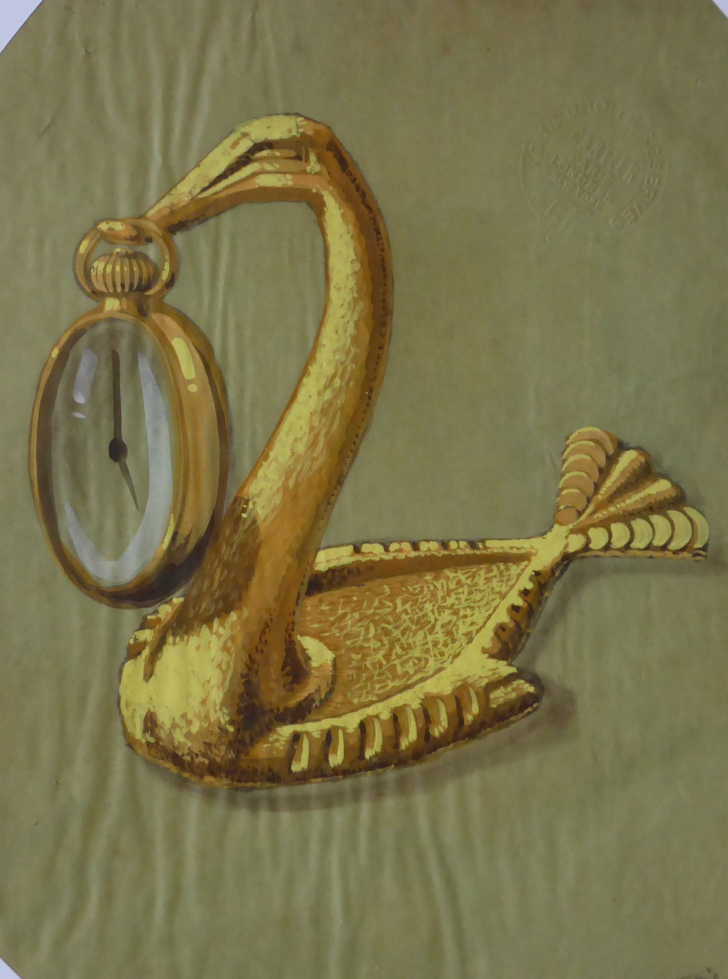 Null 准备绘画。代表天鹅的表架，黄金，卡地亚。水粉画在赛璐珞上。1950年代的工作。右上角有卡地亚的印记。24 x 17厘米（见图） 饰品制作的预备图。