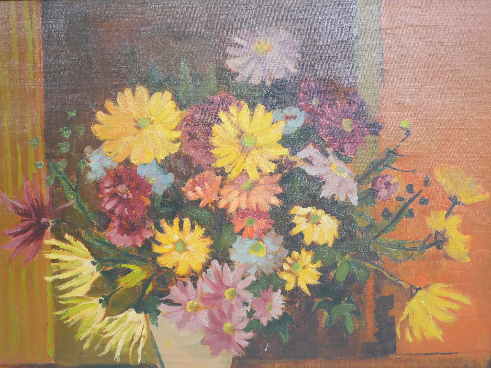 Null 伯纳德-丹尼尔-尼沃（1941）。菊花花束。布面油画，左下方有签名，日期，背面有标题。