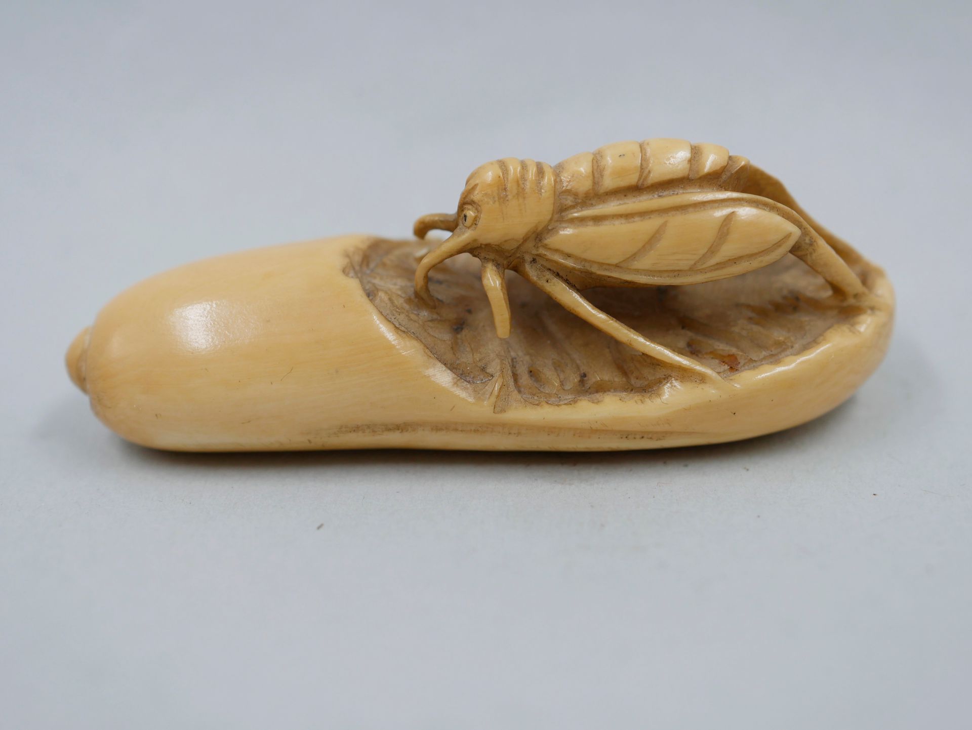Null Netsuké en ivoire, Criquet. Haut 2cm - Long 5,5cm. Signature au cachet. (Ac&hellip;