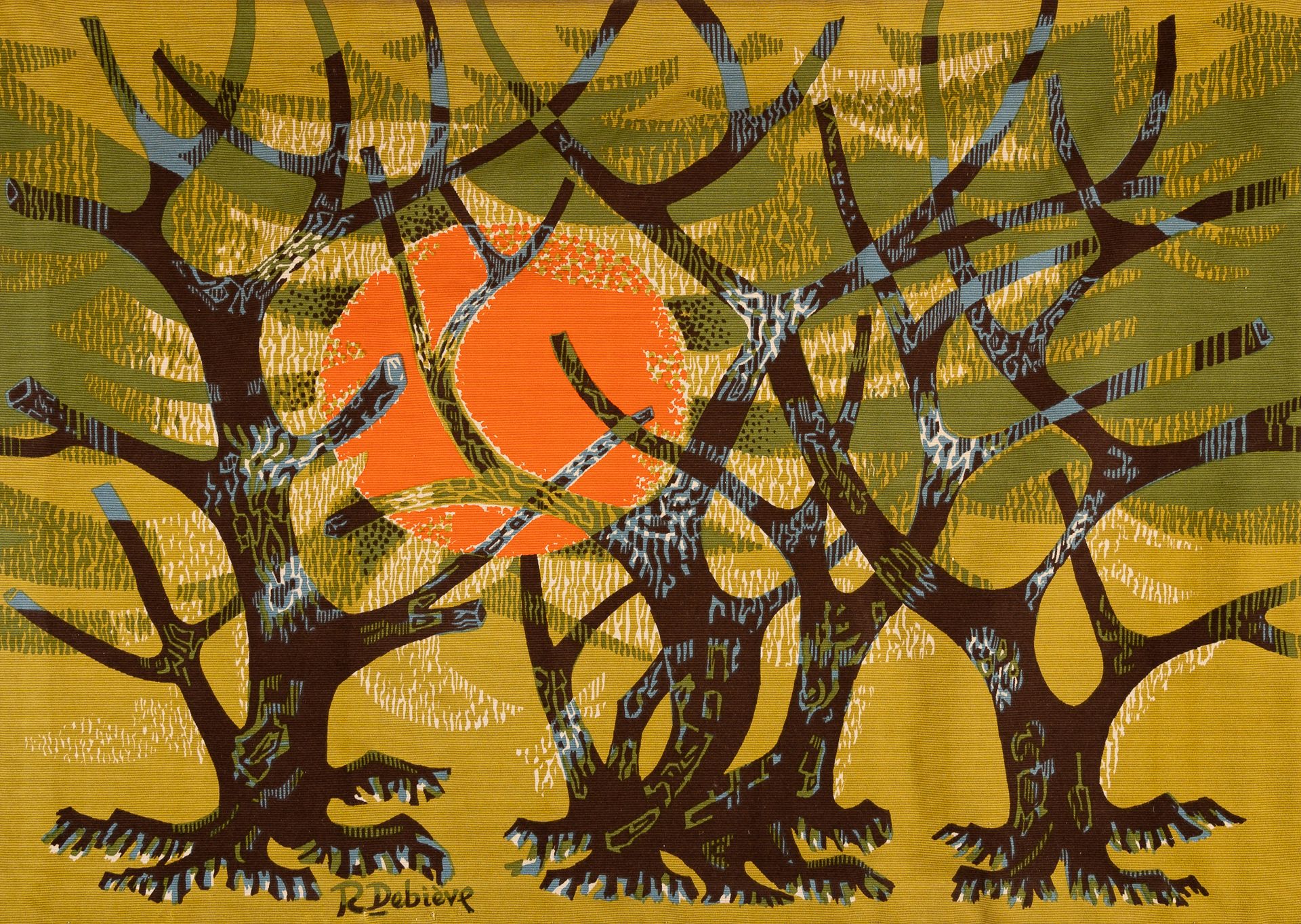Null 罗伯特-德比夫（1926-1994），《橄榄树林》。挂毯由科罗特印刷和编辑。背面有出版商的证书。第33号副本。98 x 136厘米。