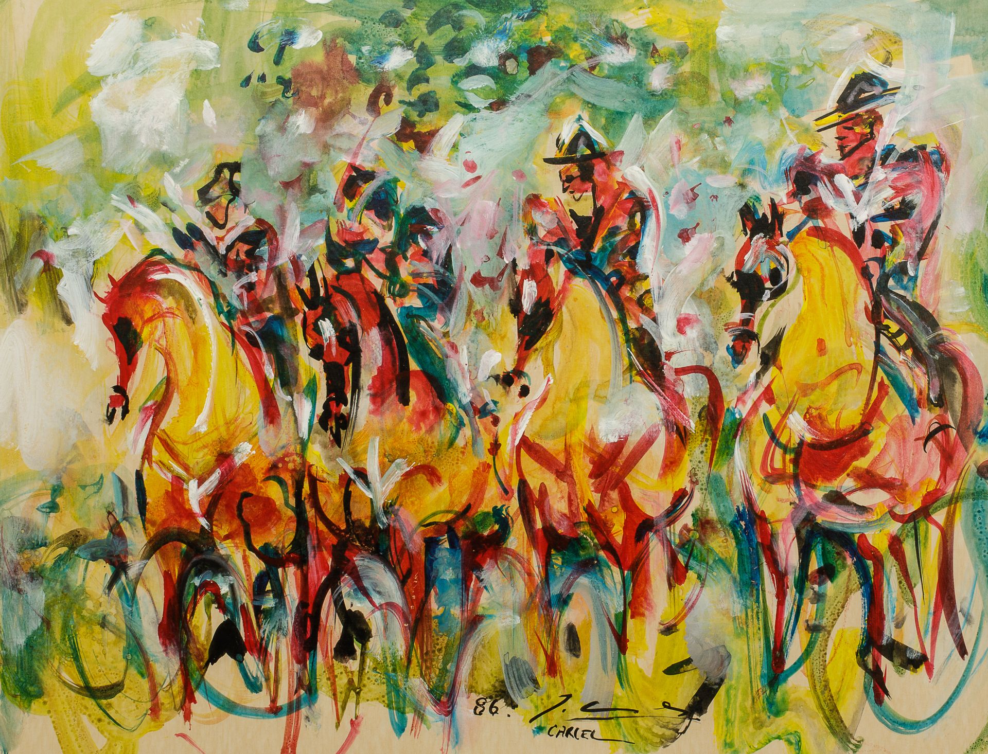 Null Jean Marius CARCEL (mort en 1996) - Cavaliers en forêt - Acrylique sur papi&hellip;