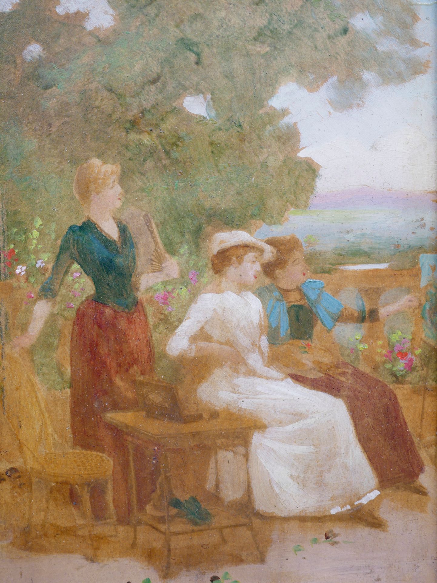 Null 19世纪的法国学校。花园里优雅的女人。板上油彩。14 x 10厘米。在一个美丽的镀金框架中。(Chips)