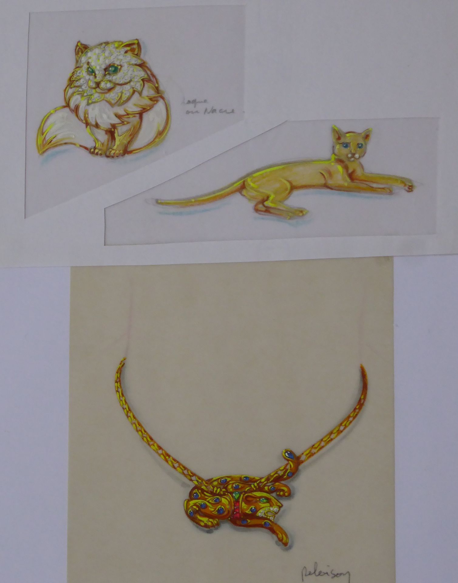 Null 预备画 三只猫和豹子，黄金，珍珠母，宝石。水粉画在赛璐珞上。1980年代的作品。31 x 20厘米，正在展出