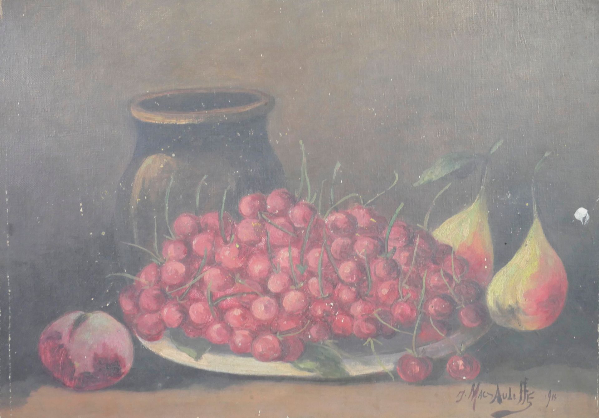 Null 法国学校，20世纪初。樱桃和梨子的静物画。布面油画，署名J.MAC-AULIFFE，日期为1914年，33 x 46cm。(轻微的事故)。