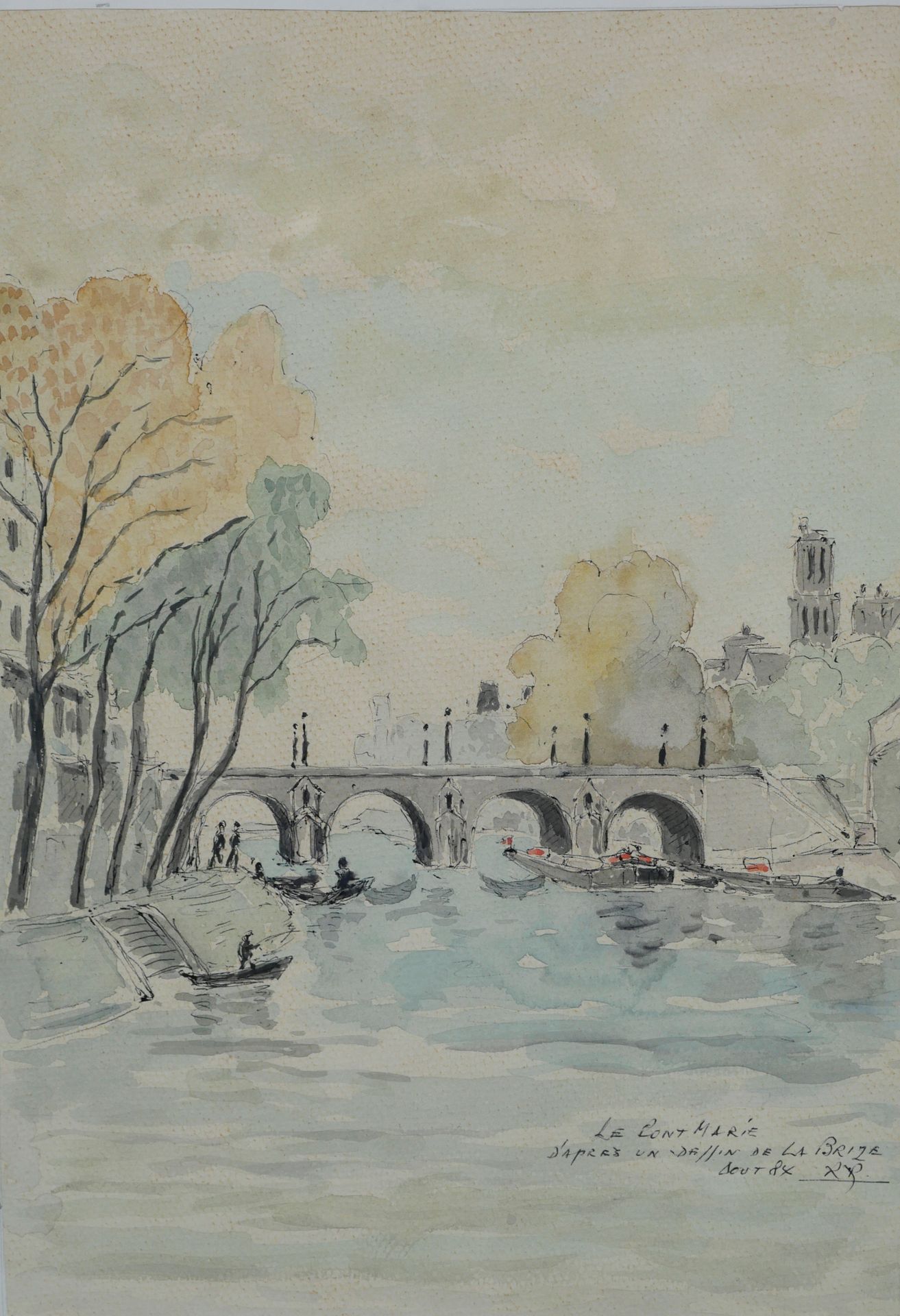 Null 法国学校20世纪。根据拉布里兹的画作绘制的玛丽桥，1984年。纸上水彩和墨水，有标题、日期和字样。32.8 x 22.8厘米（展出，装裱）。