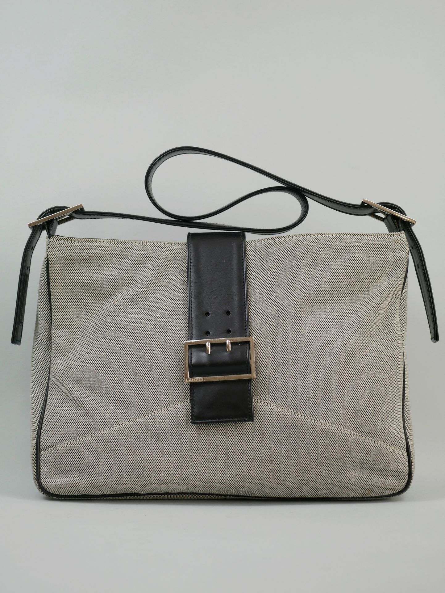 Null LANVIN. Vintage leather and canvas handbag. 22 x 32cm.