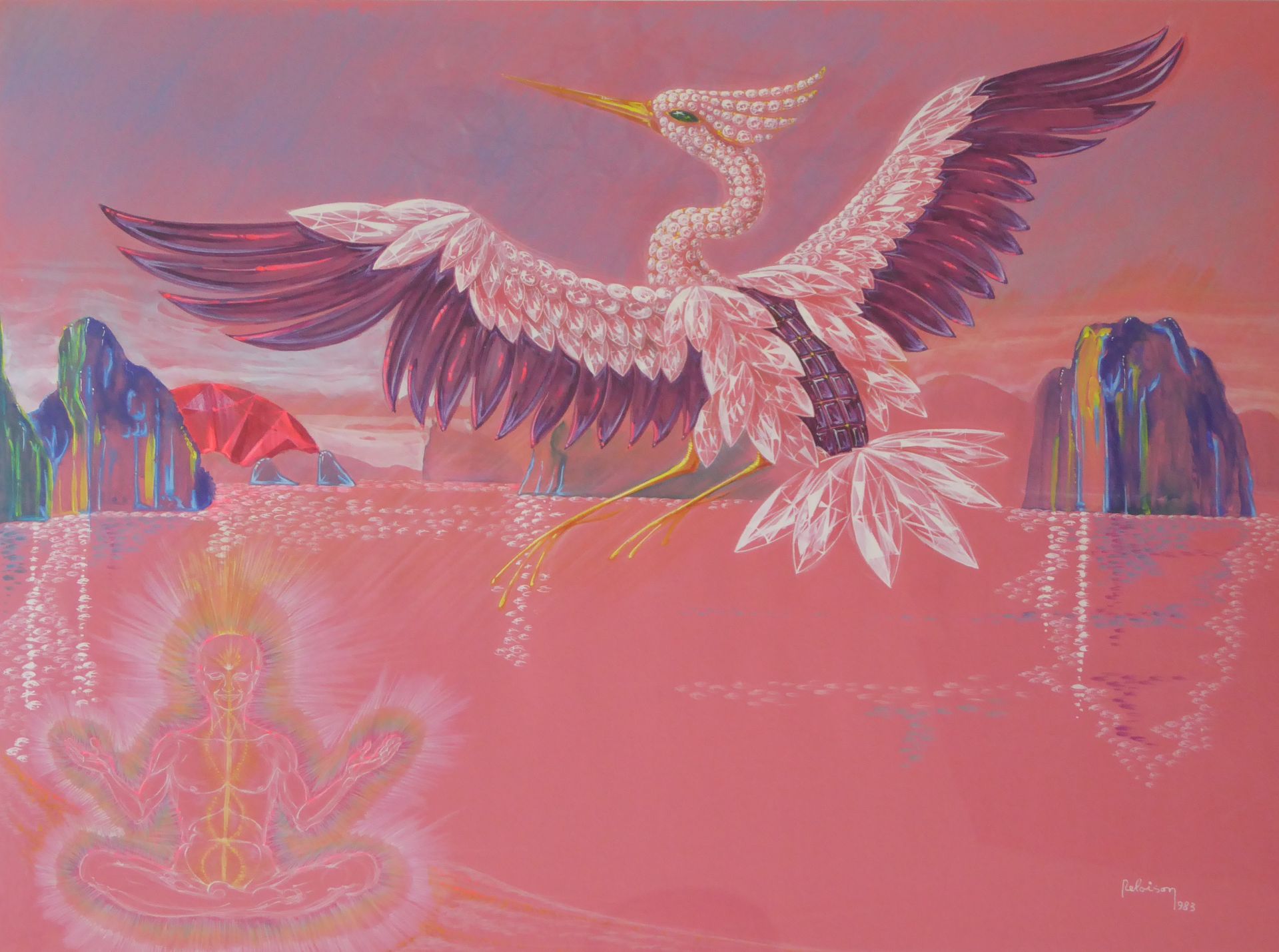 Null Philippe DELOISON (20th). The Heron of Sadou. Mixed media on paper. Signed,&hellip;